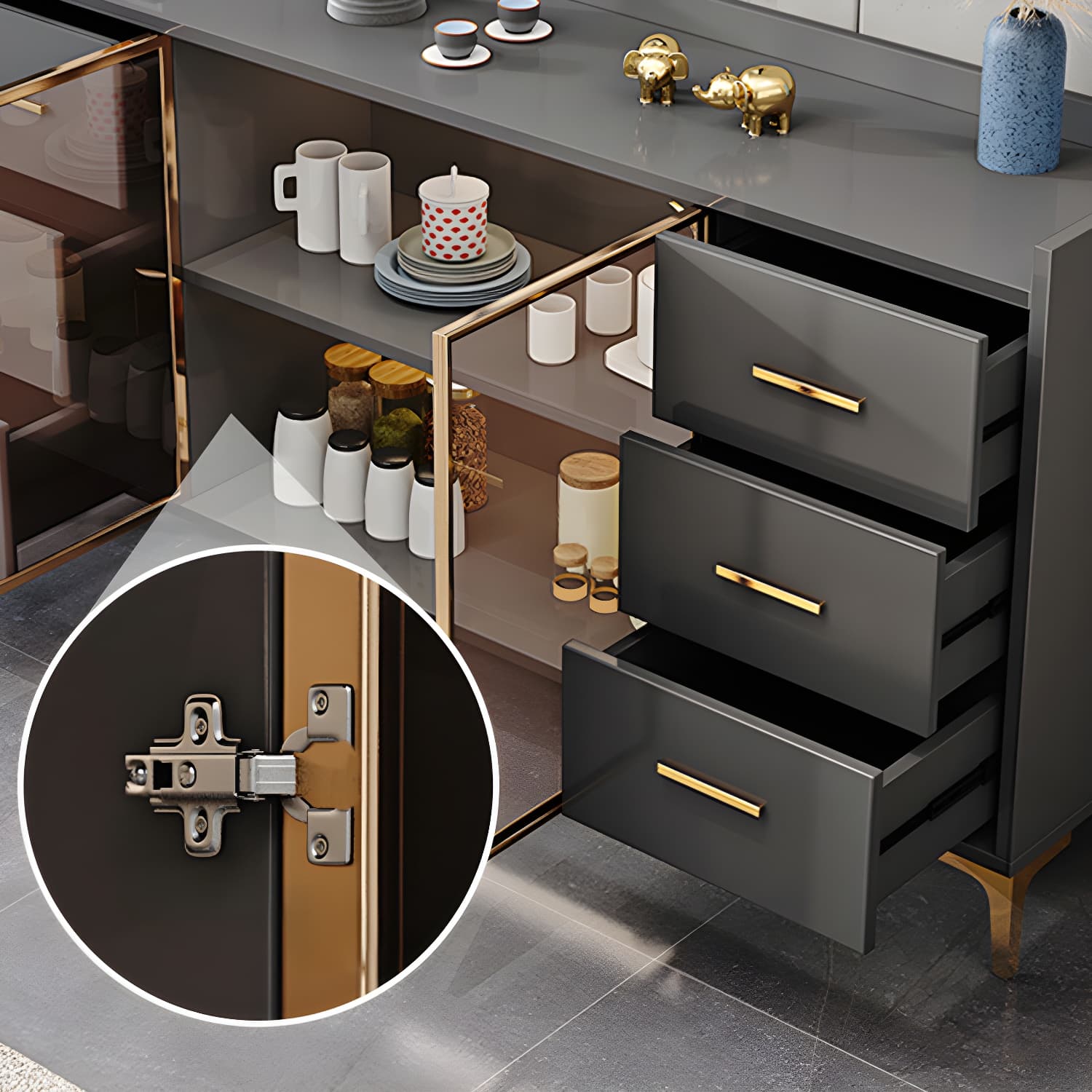 Wood Buffet Table Glam Style Side Board with Cabinets and Drawers - image 9