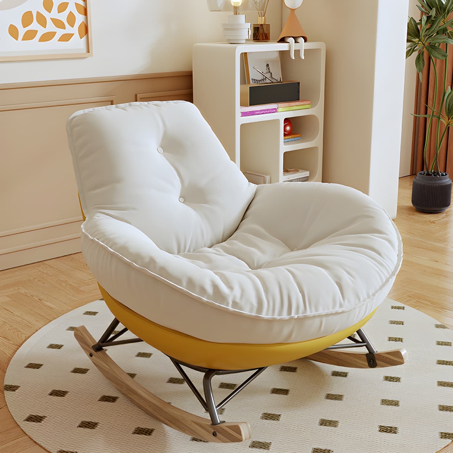 Indoor Contemporary Rocking Chair with Beige Upholstered and Wood Legs - image 6
