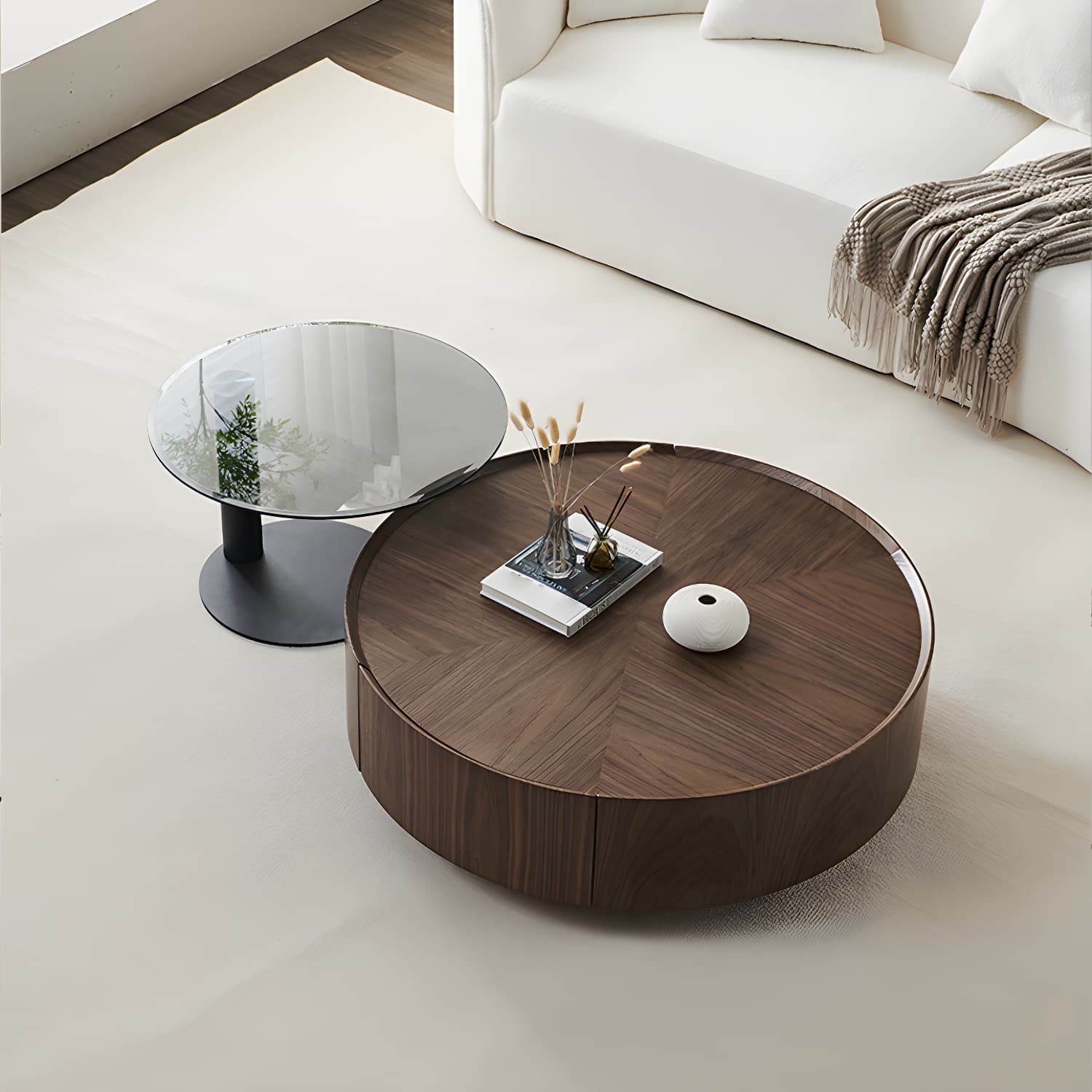 Round Wood Cocktail Table Set with 2 Drawers Modern Walnut Coffee Table - image 4