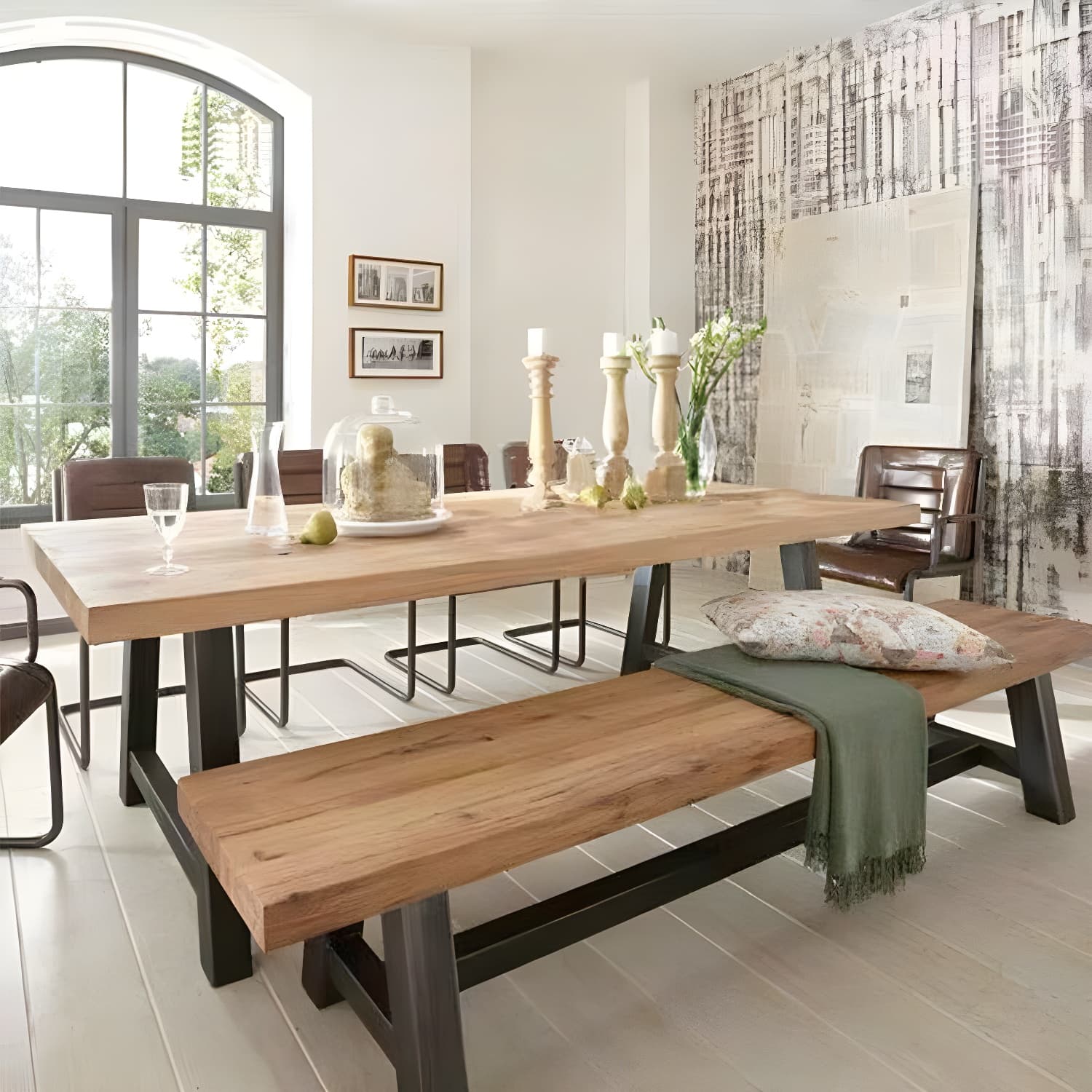 Metal Industrial Rectangle Dining Table Solid Wood Top Table with Trestle Base