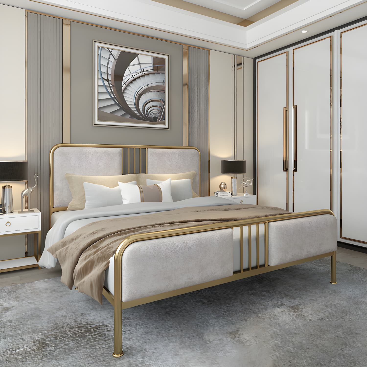Glam Metallic Open-Frame Bed with Fabric Upholstered Headboard - image 4