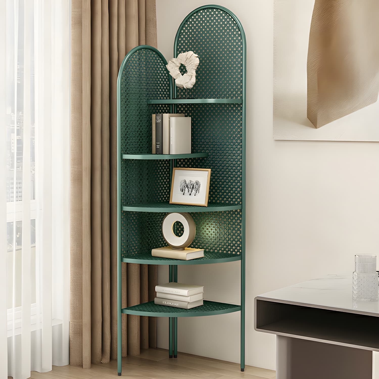 Corner Modern Accent Chest with Metal Countertop and Open Shelves, Water Resistant - image 15