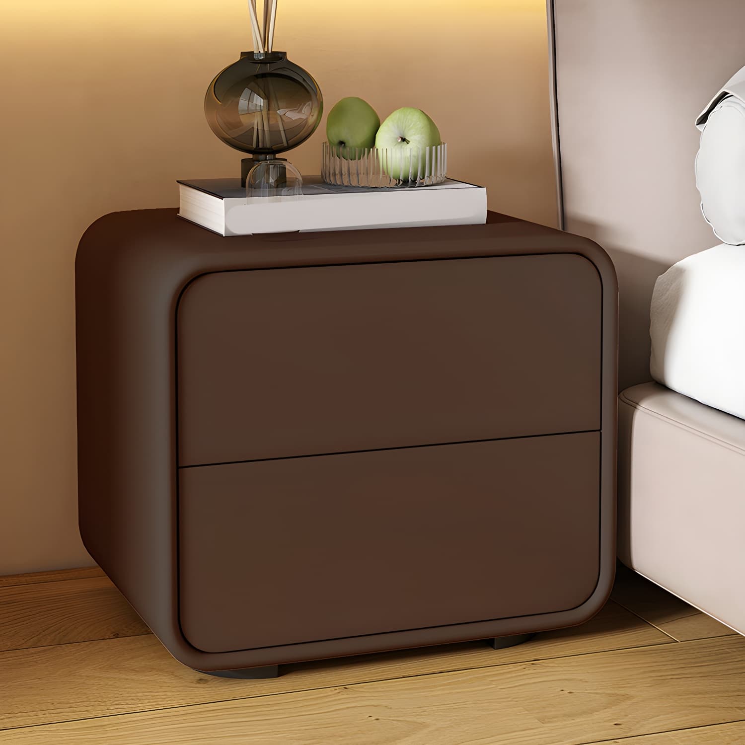Contemporary Style 2 Drawer Night Table Solid Wood Frame Leather Nightstand