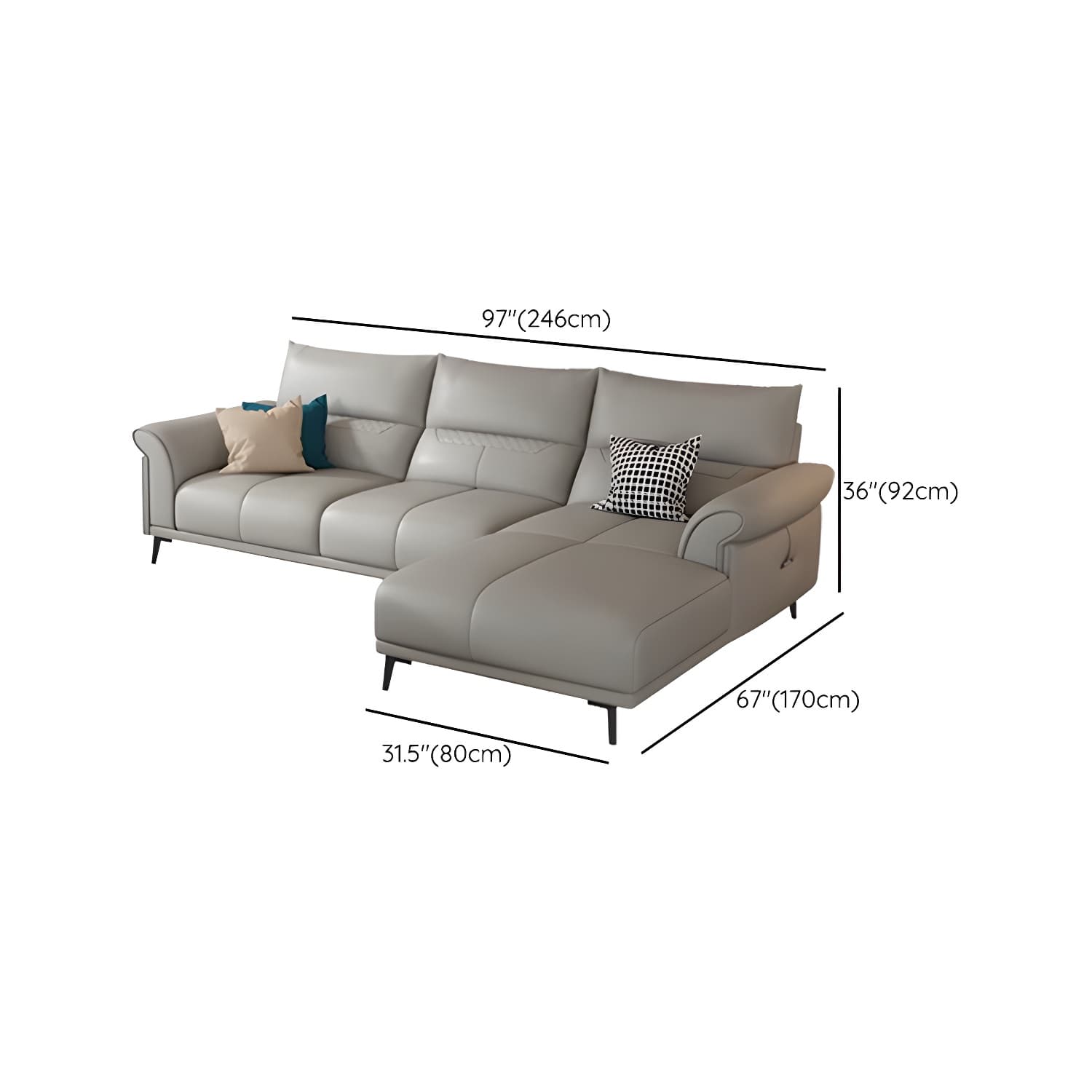 Modern Gray Genuine Leather Stationary Sectional Sofa with Flared Arms - image 16