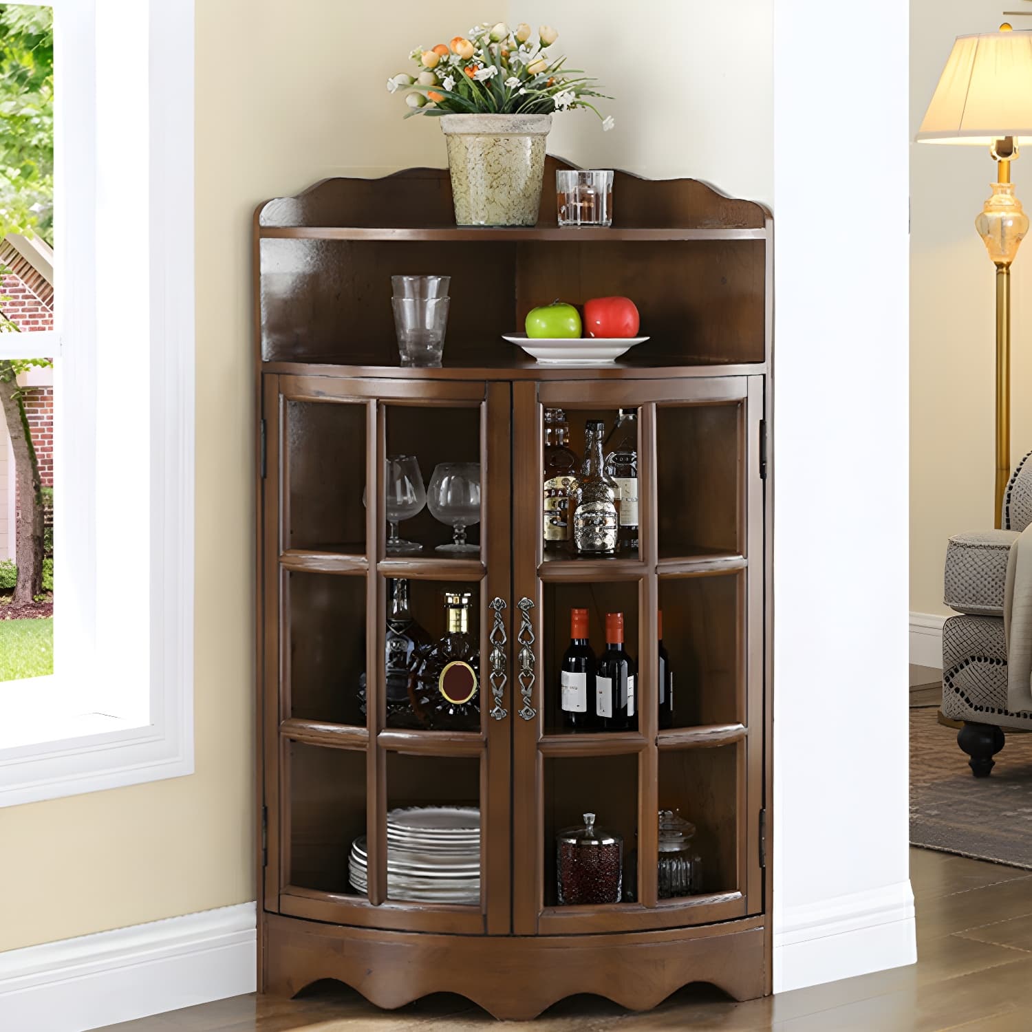 Mid-Century Modern Corner Accent Cabinet with Brown Wood Countertop, Glass Door & Cabinet Storage - image 5