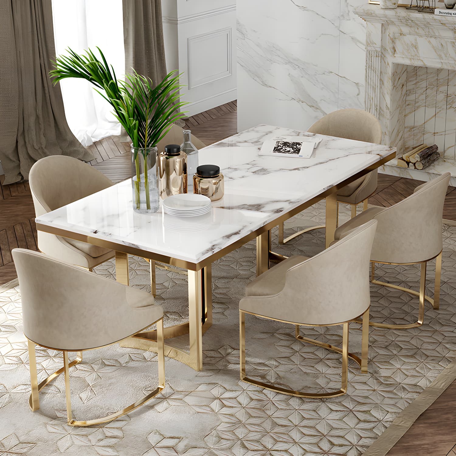 Traditional Luxury Dining Table Rectangle Double Pedestal Table with Gold Frame - image 3