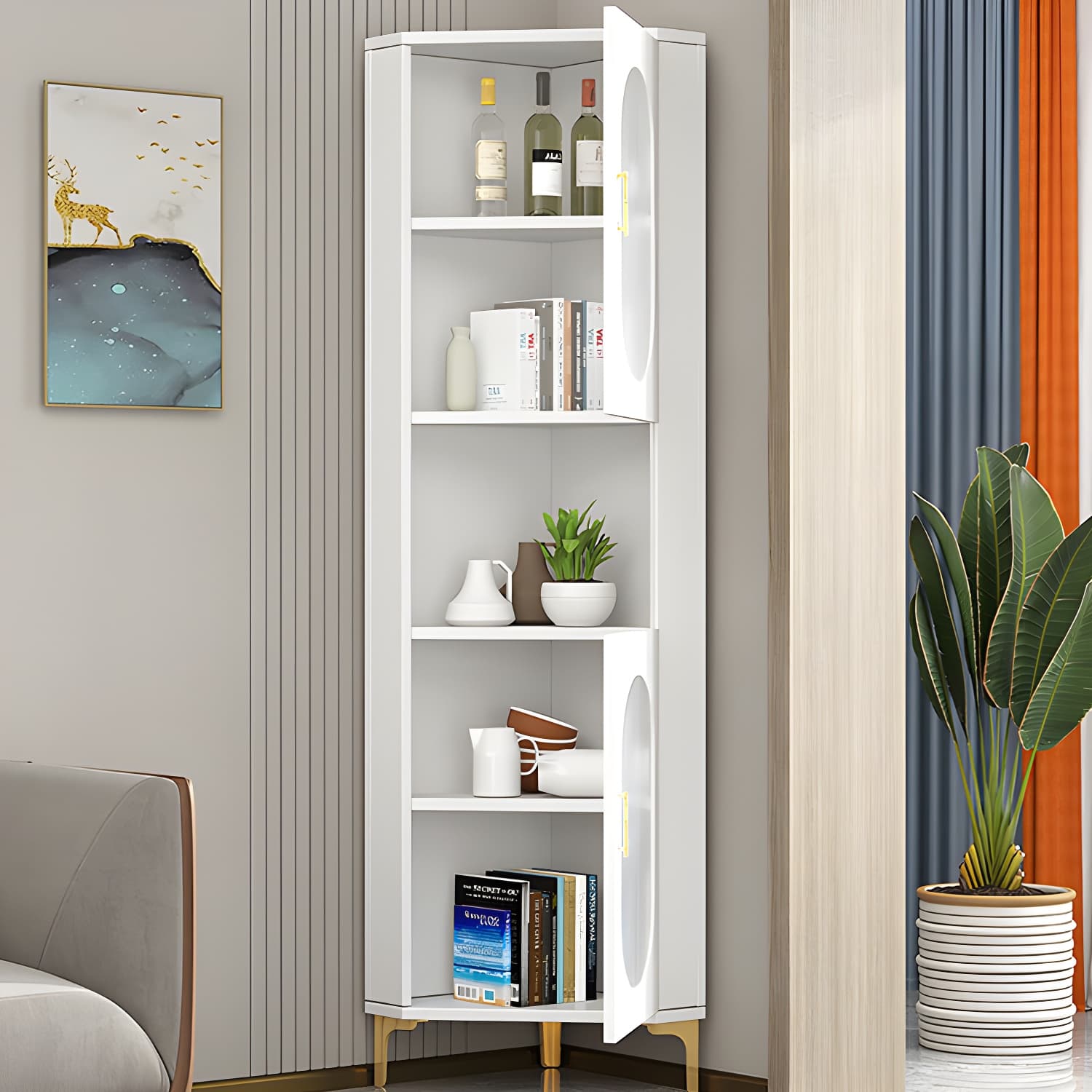 Corner Glam Accent Cabinet with Metal Base and Glass Doors, 4 Interior Shelves, and 1 Exterior Shelf - image 5