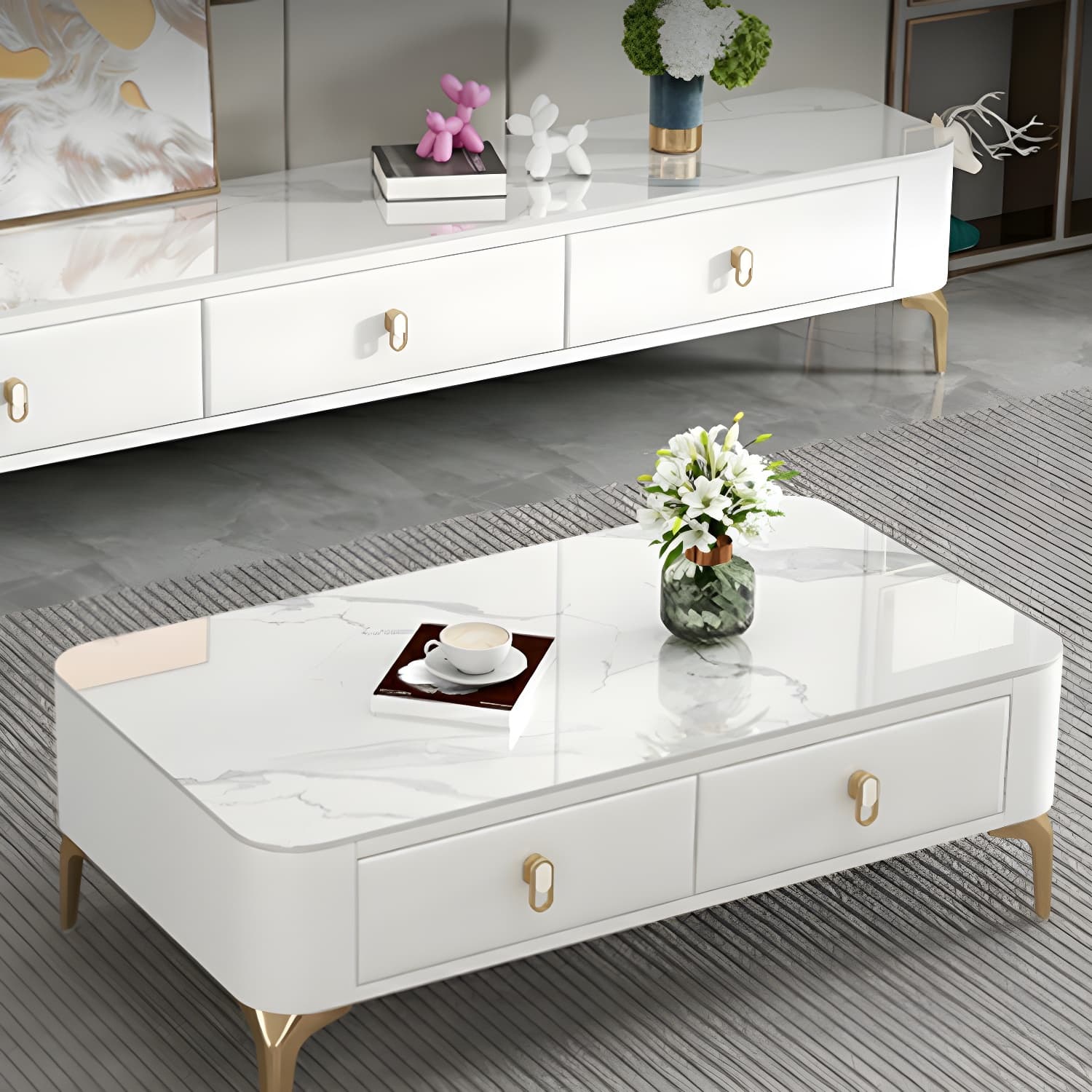 Modern Gold Metal Coffee Table with Stone Top and Built-In Storage Drawers - image 9
