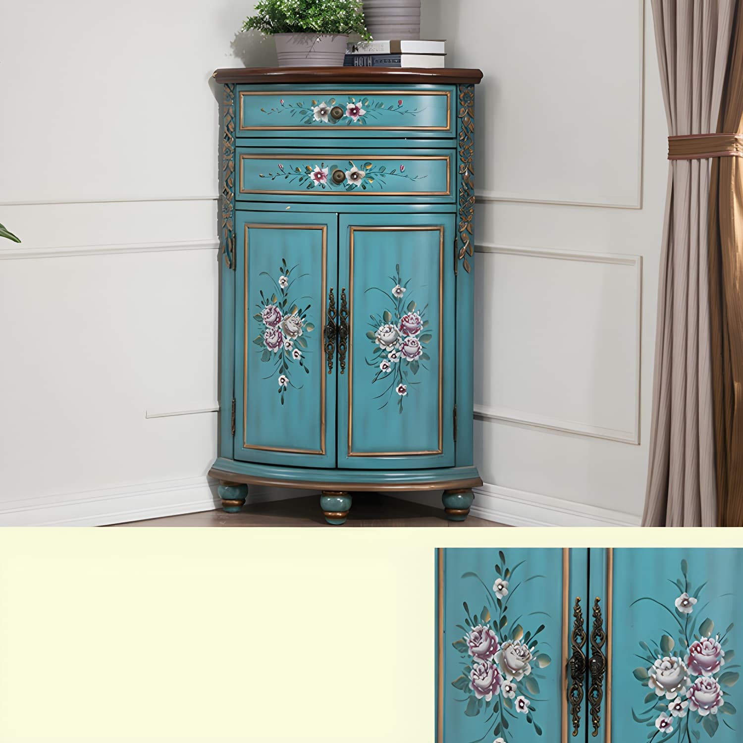 Traditional Bar Pulls Solid Wood Corner Accent Cabinet with Doors - image 11