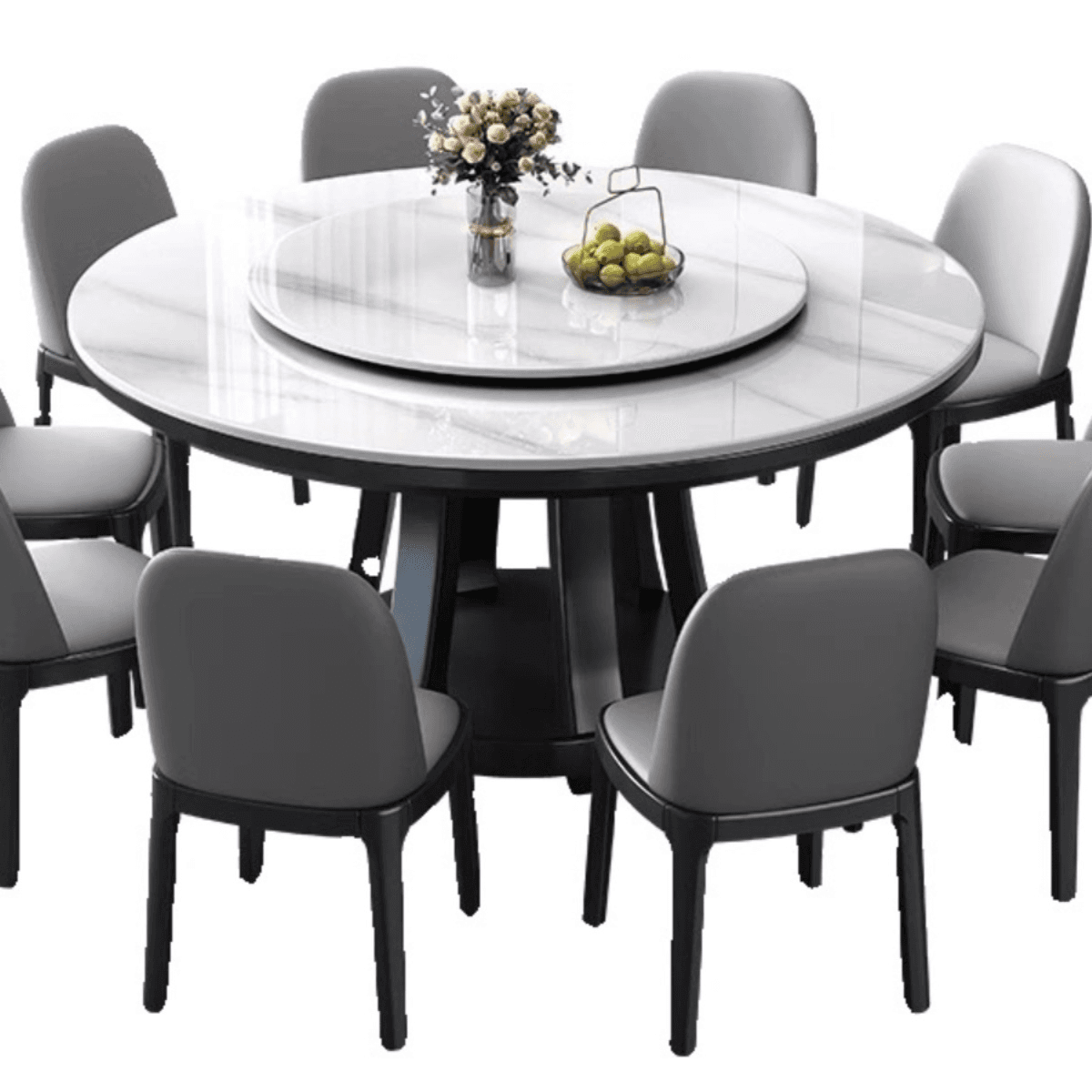 Minimalist Rounded Dining Table Set with Stump Base and Fixed Table, White Finish