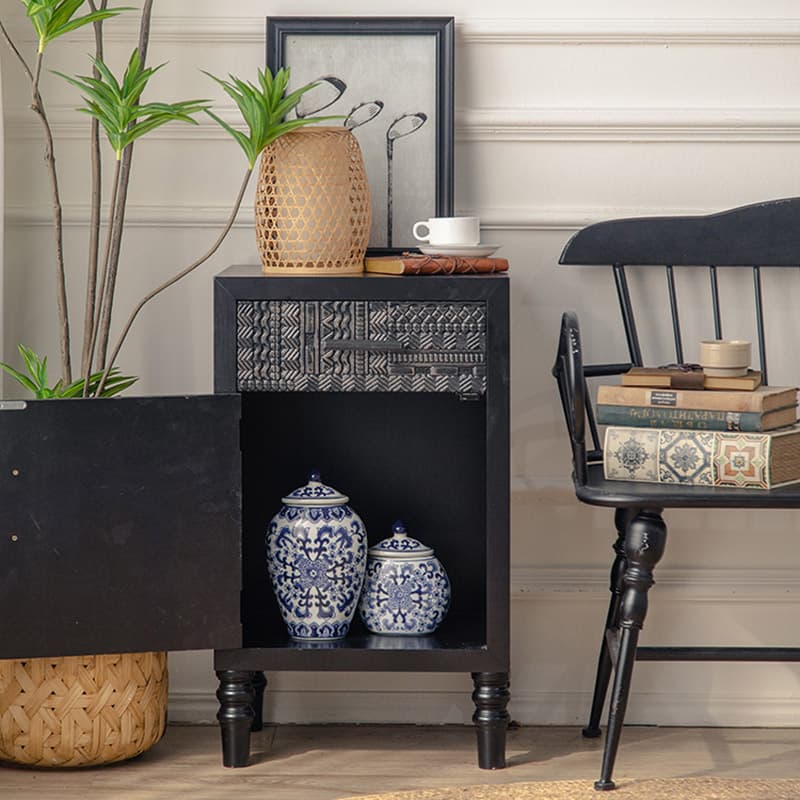 Modern Black Wood Console Cabinet with Cubby Storage and Wood Scoring & Rub Through Detailings - image 10