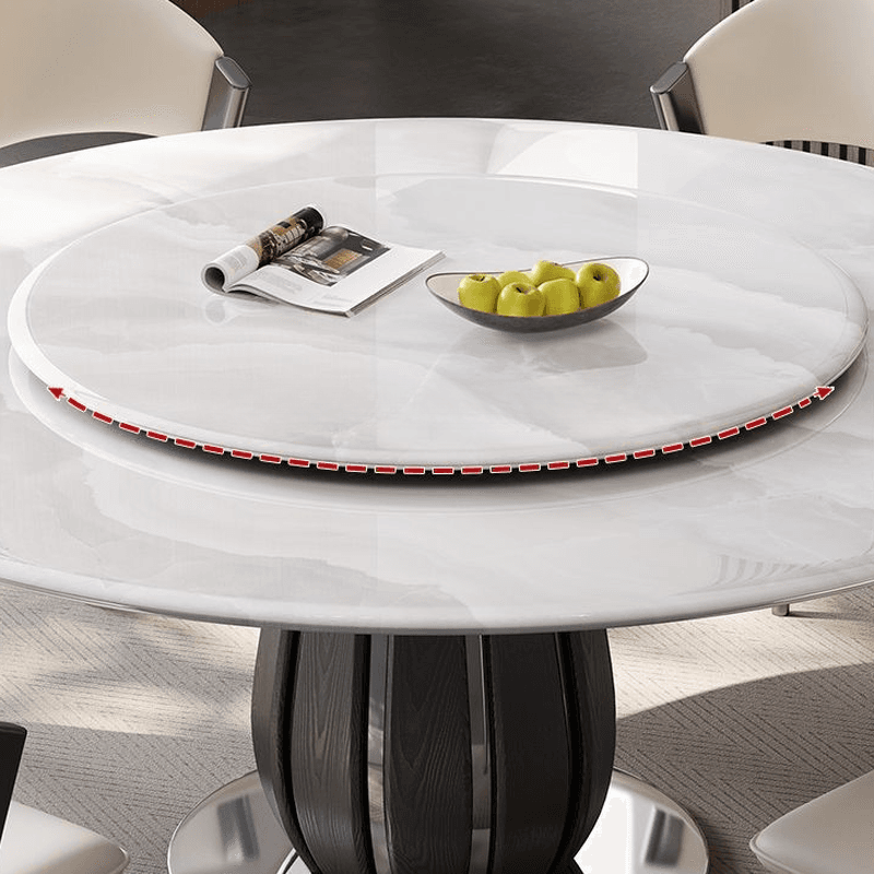 Dining Table Set with Rounded Marble Slab Top and Stump Base, Featuring Padded Chair with Back in White - image 6