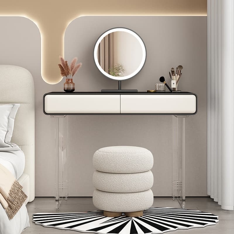 Simplistic Standard/Small Vanity Set with Reclaimed Wood Table Top, White Seat, 2 Drawers, and Mirror Lights