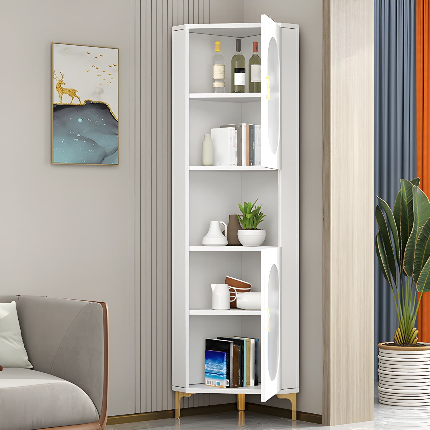 Gold Corner Modern Accent Cabinet with Glass Doors and Exterior Shelving - image 3