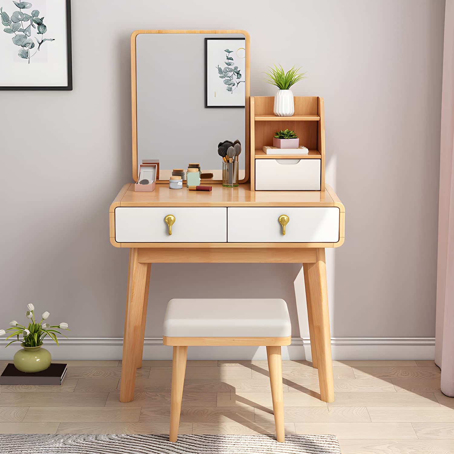Scandinavian 3-Drawer Dressing Table Solid Wood Vanity Makeup Table Set