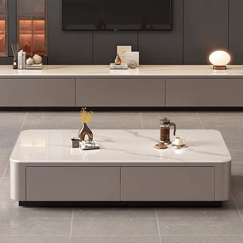 Contemporary Design Single Set Geometric Figure Rock Top Board Game Coffee Table with Block Base in Gray/Chalk and 2 Drawers - image 5