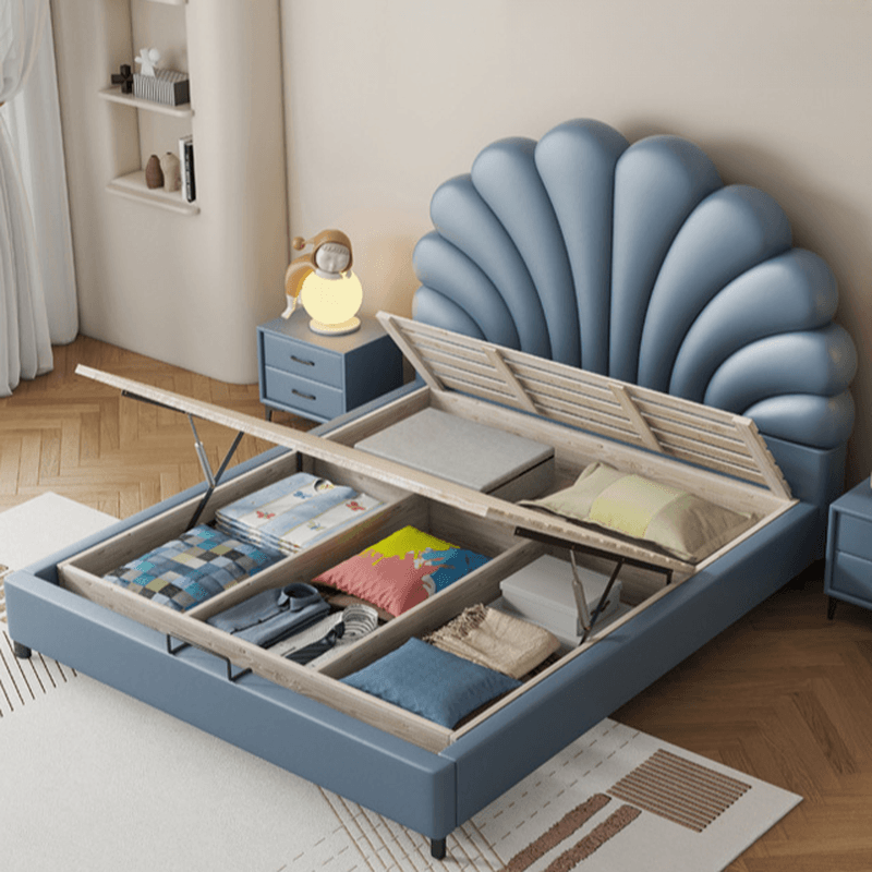 Navy Blue Solid Color Storage Included Panel Bed for Bedroom