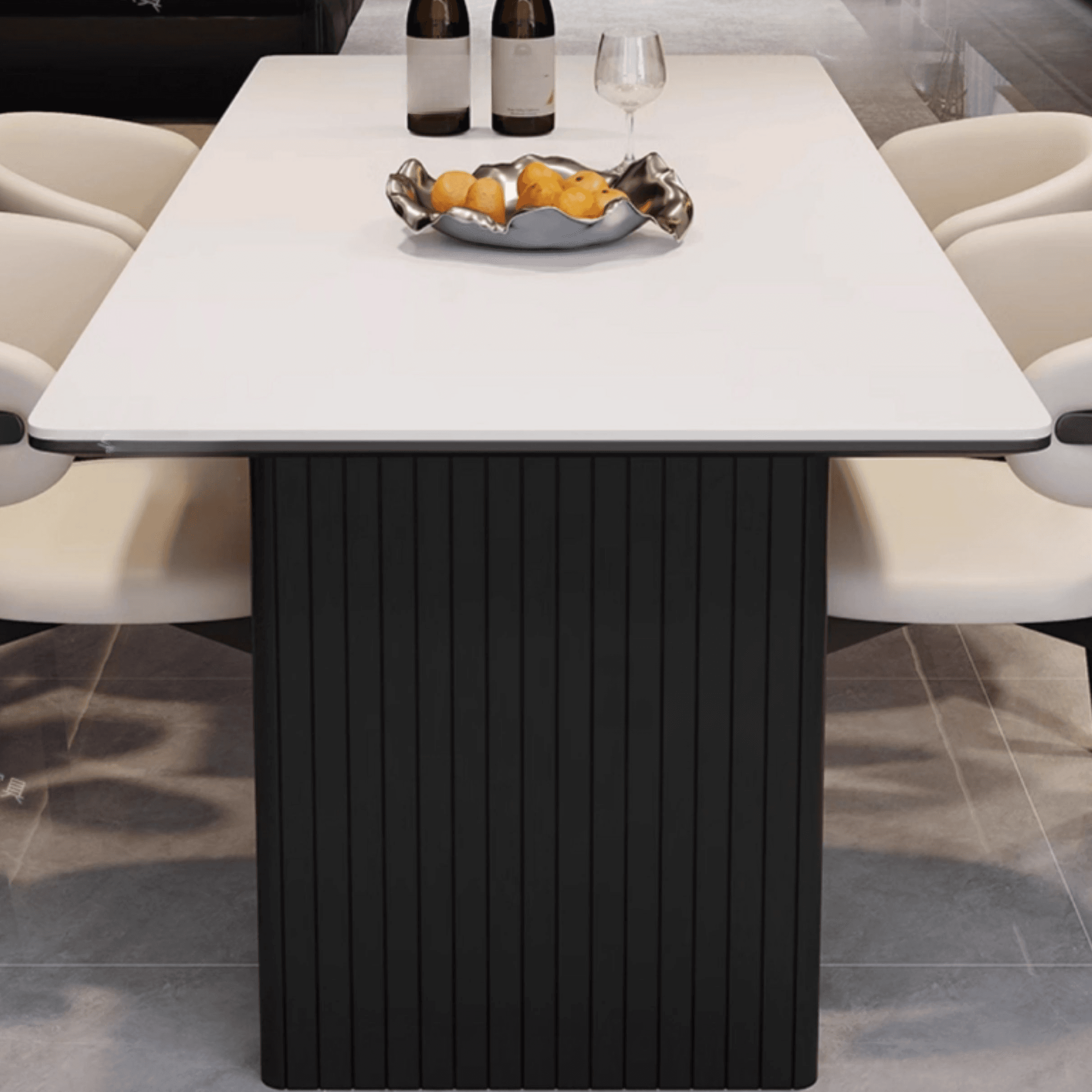 Dining Table Set with Rectangular Slate Stone Top and Two-sided Pedestal, Padded Chair with Back, 5-piece in White - image 9