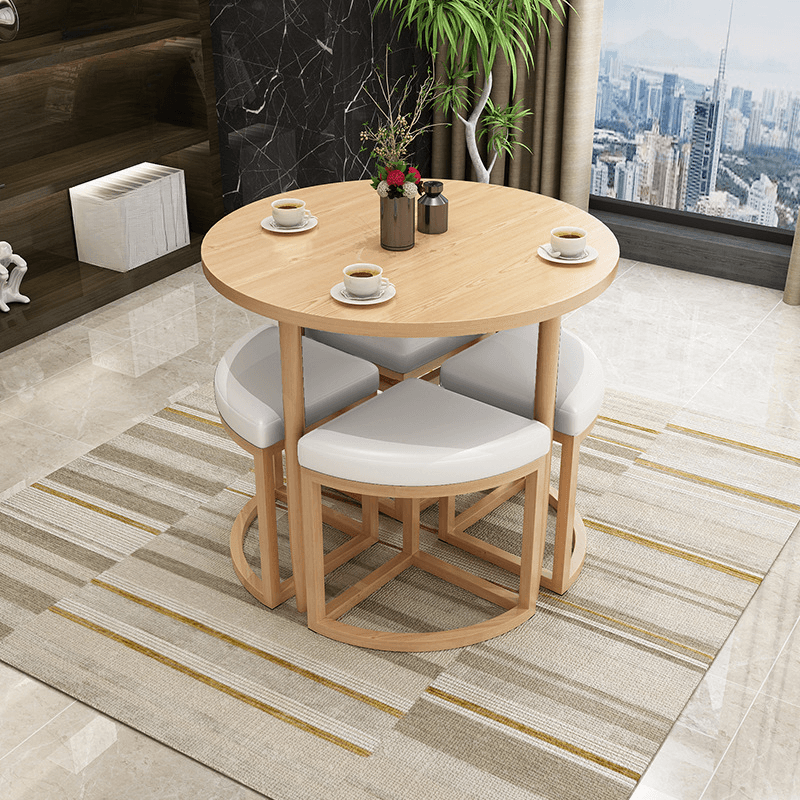 Reclaimed Wood Round Dining Table Set with Metal Toboggan Base and Upholstered Backless Chairs for 4 People - image 28