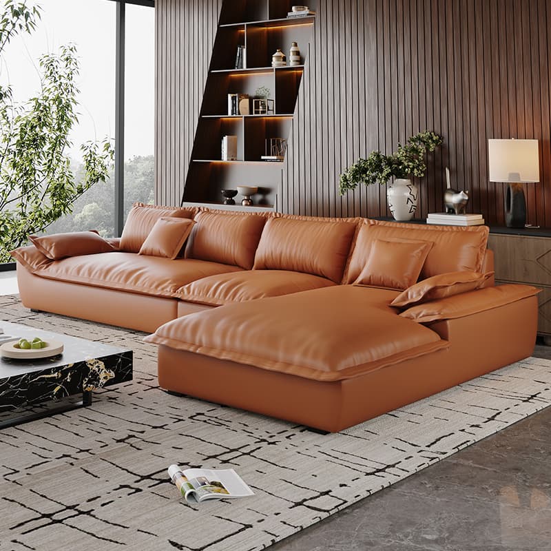 L-Shape Sofa Chaise with Dark/Cream/Cocoa Upholstery and Cotton Seat Fill