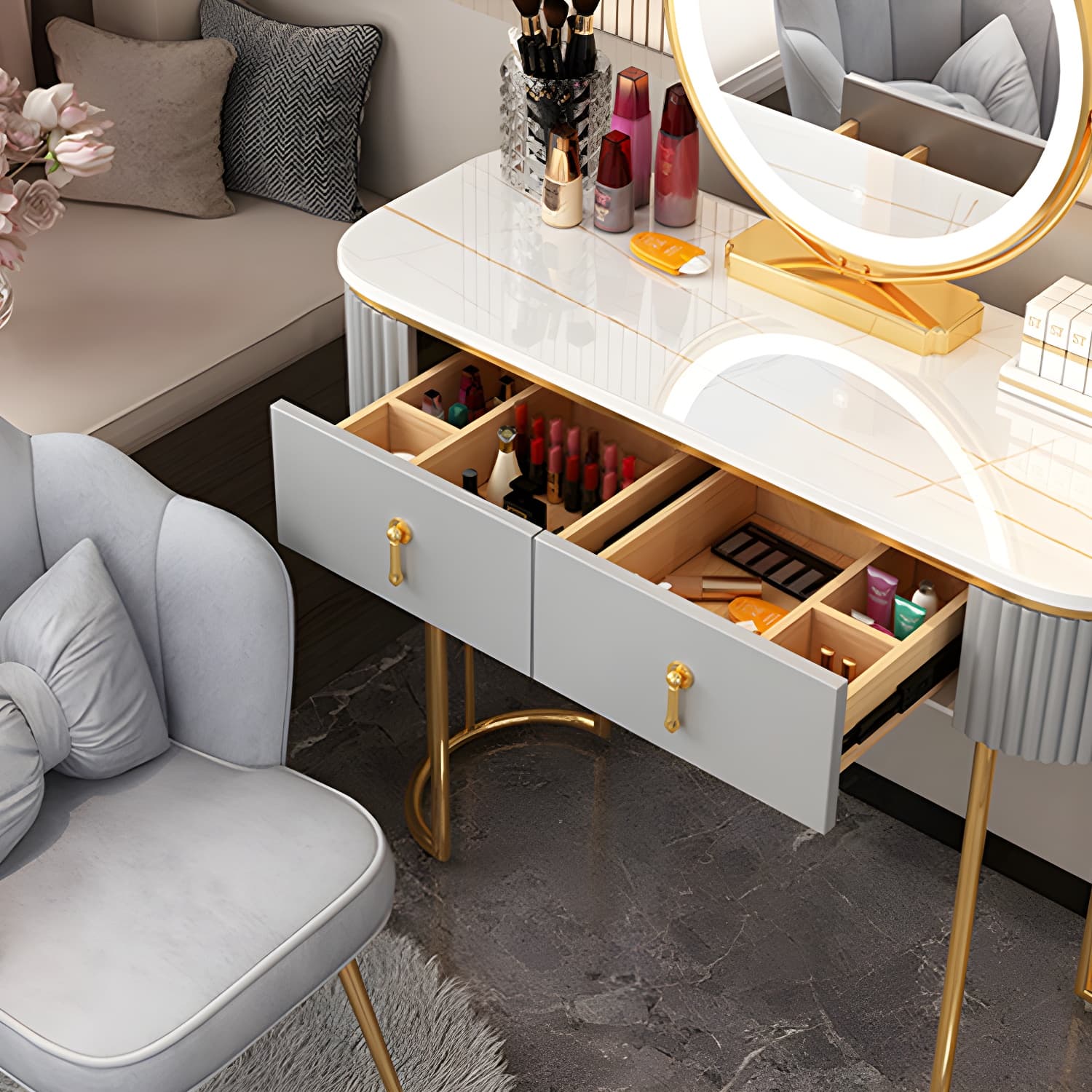Lighted Mirror Makeup Vanity Storage Box Vanity Dressing Table for Bedroom - image 14