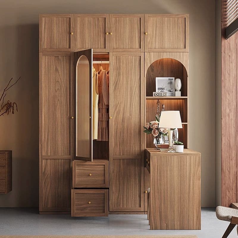 Minimalist Timber Sepia Cabinet Armoire with Interior Shelves & Clothing Rack & Soft Close Drawer & Soft Close Door