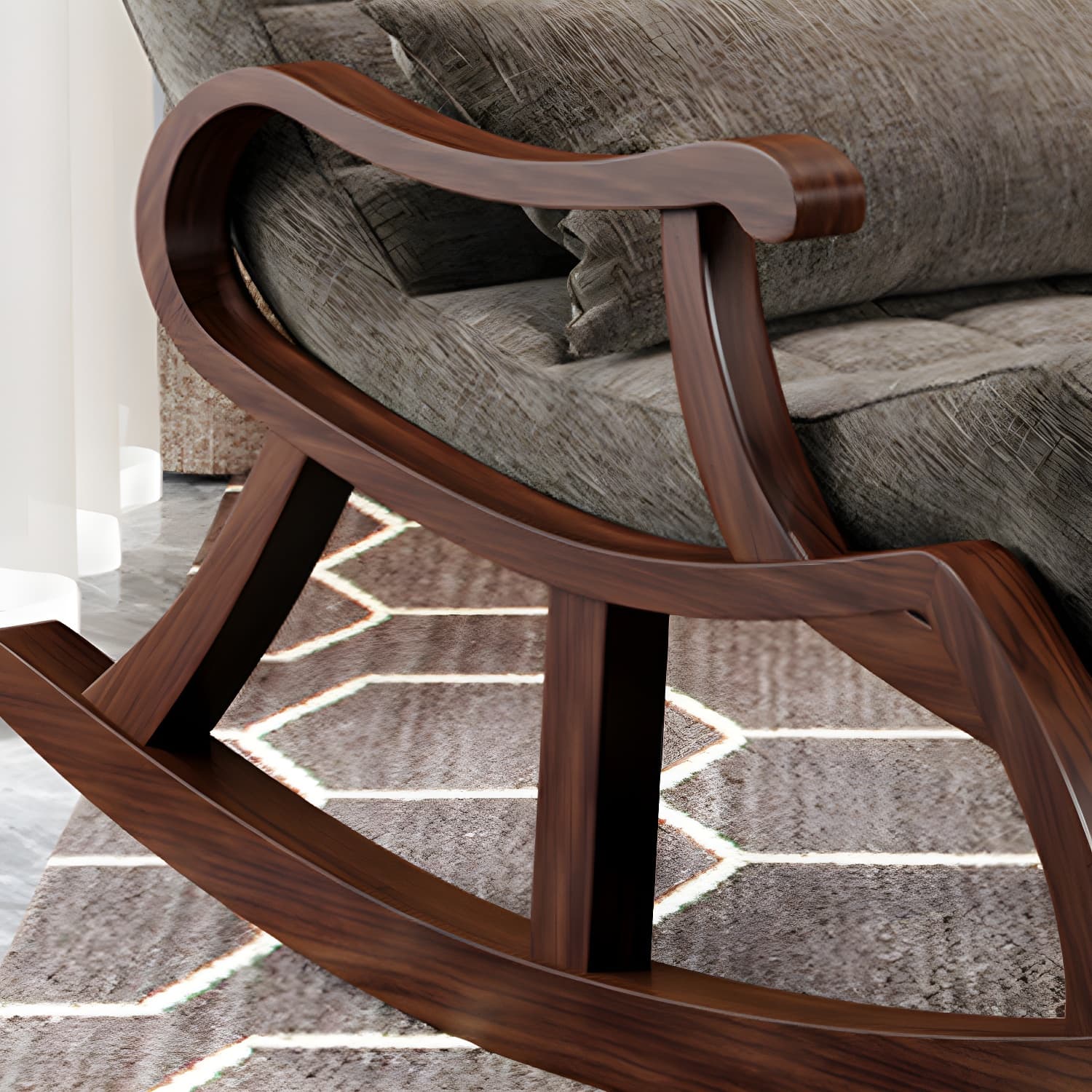 Stylish Modern Upholstered Rocking Chair with Brown Wood Legs and Track Arms - image 21