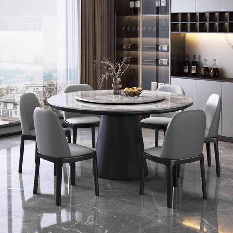 Minimalist Rounded Dining Table Set with Slate Stone Top, Stump Base in Light Gray