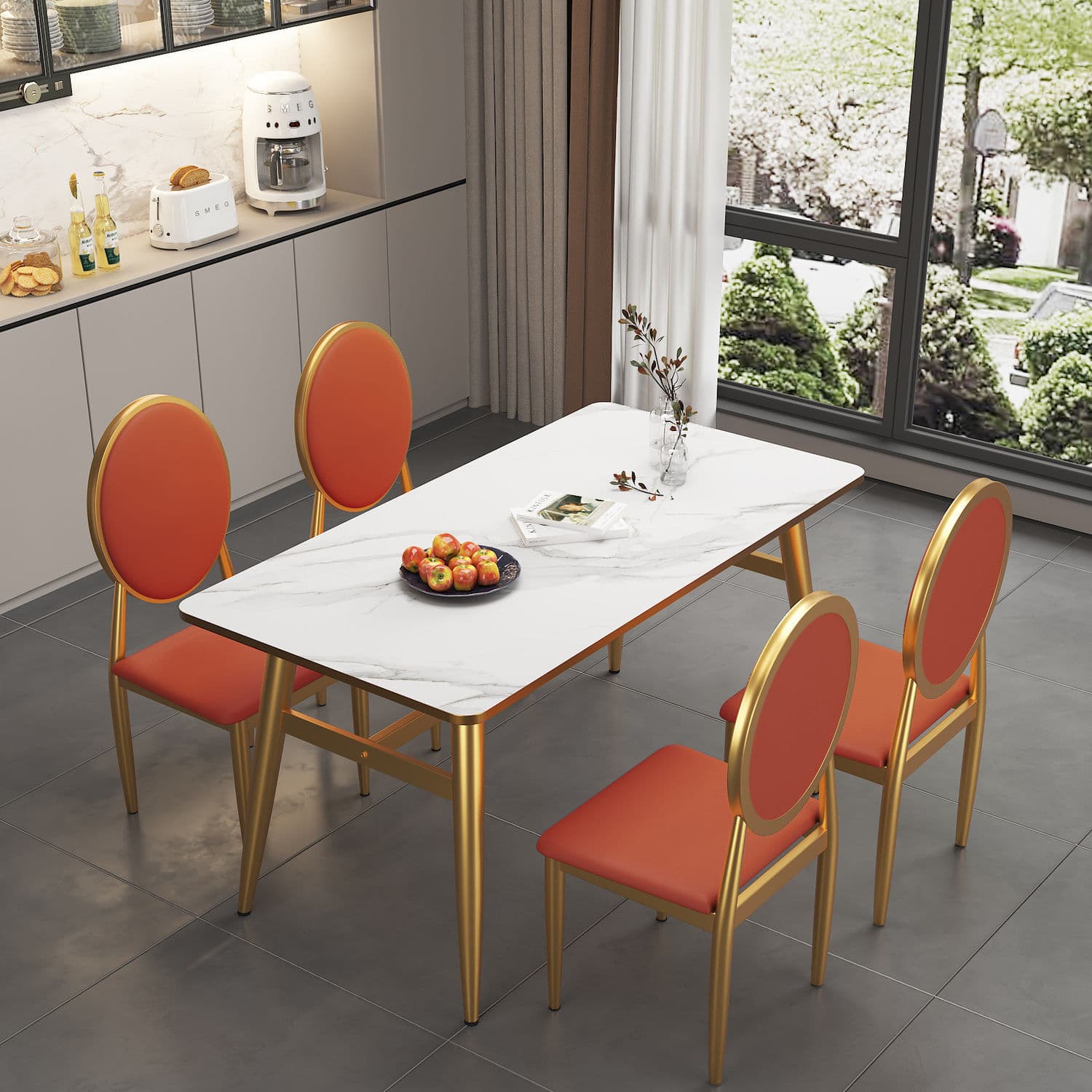 Luxurious White Rectangular/Circular/Square Reclaimed Wood Standard Height Fixed Dining Table with Golden 4 Legs for 2 People/4 People