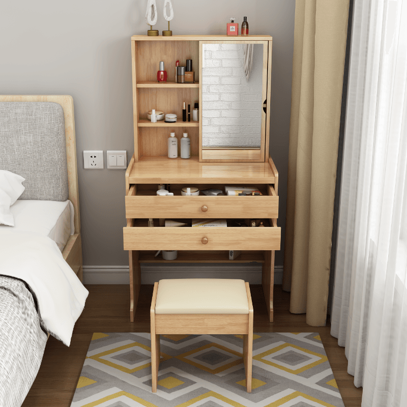 Modish Small/Standard Vanity Set with White/Auburn/Natural Color Chair, 1 Drawer/2 Drawers, Rubberwood Frame, and Standing Mirror