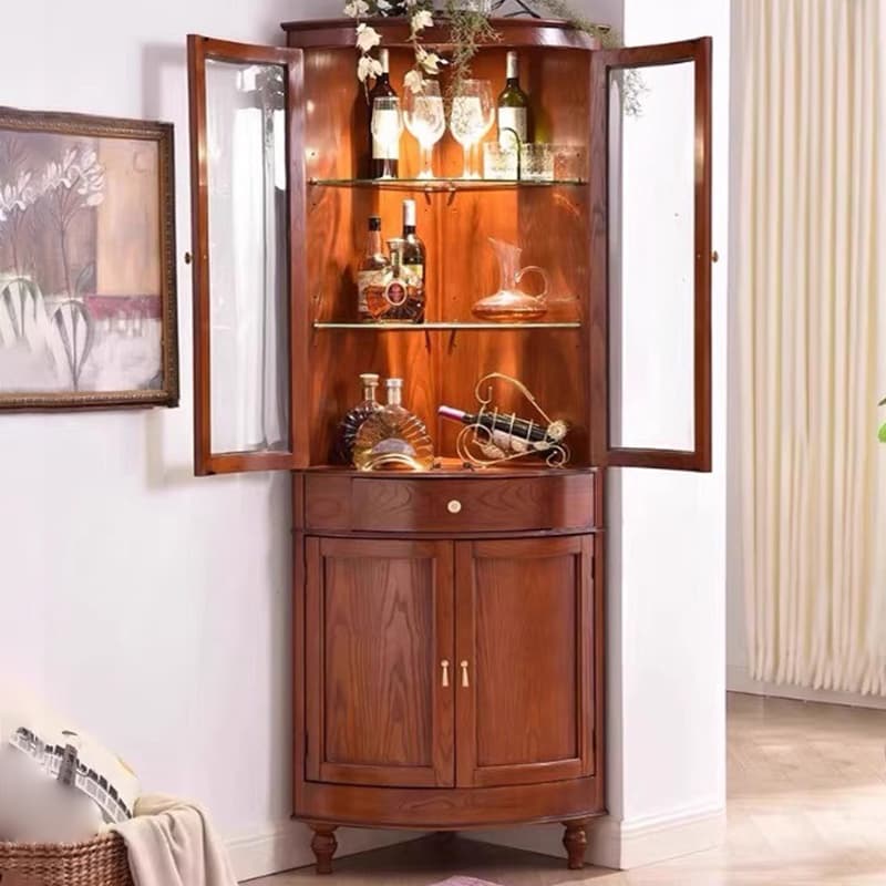 Corner Accent Cabinet with Storage Drawer, Closet, Glazed Door, Cabinet Knobs, Brown Top, and LED Lighting - image 3