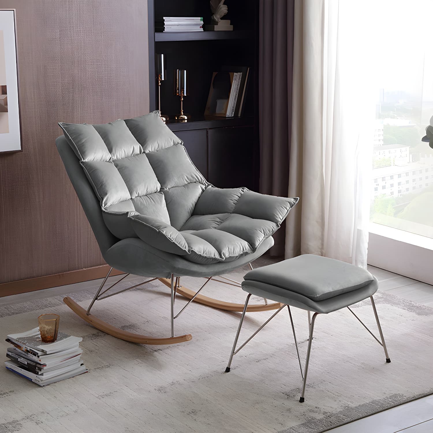 Modern Indoor Sofa Rocking Chair Mother Feeding Rocking Chair with Cushion and Ottoman