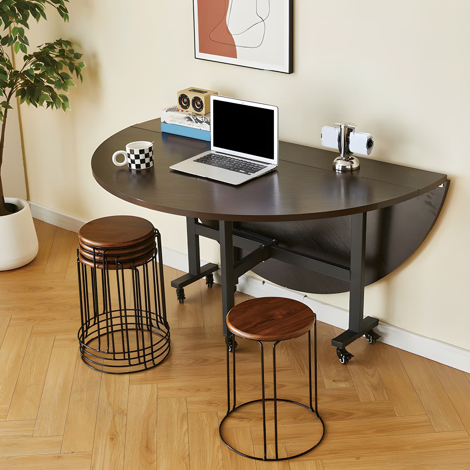 Modern Foldable Manufactured Wood Round Top Dining Table with Movable Steel Black Trestle - image 6