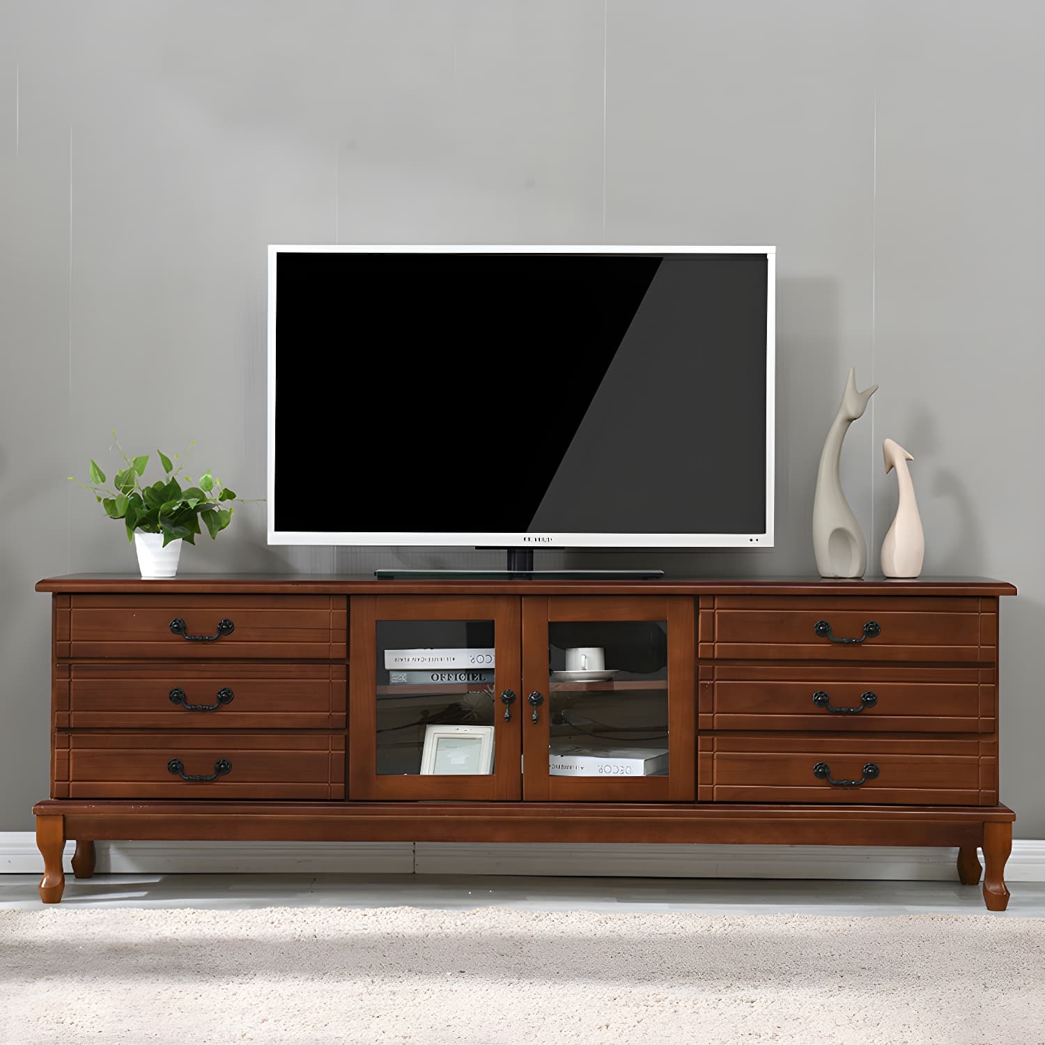 Modern 6-Drawer Solid Wood TV Stand with Glass Doors - 23.5" High