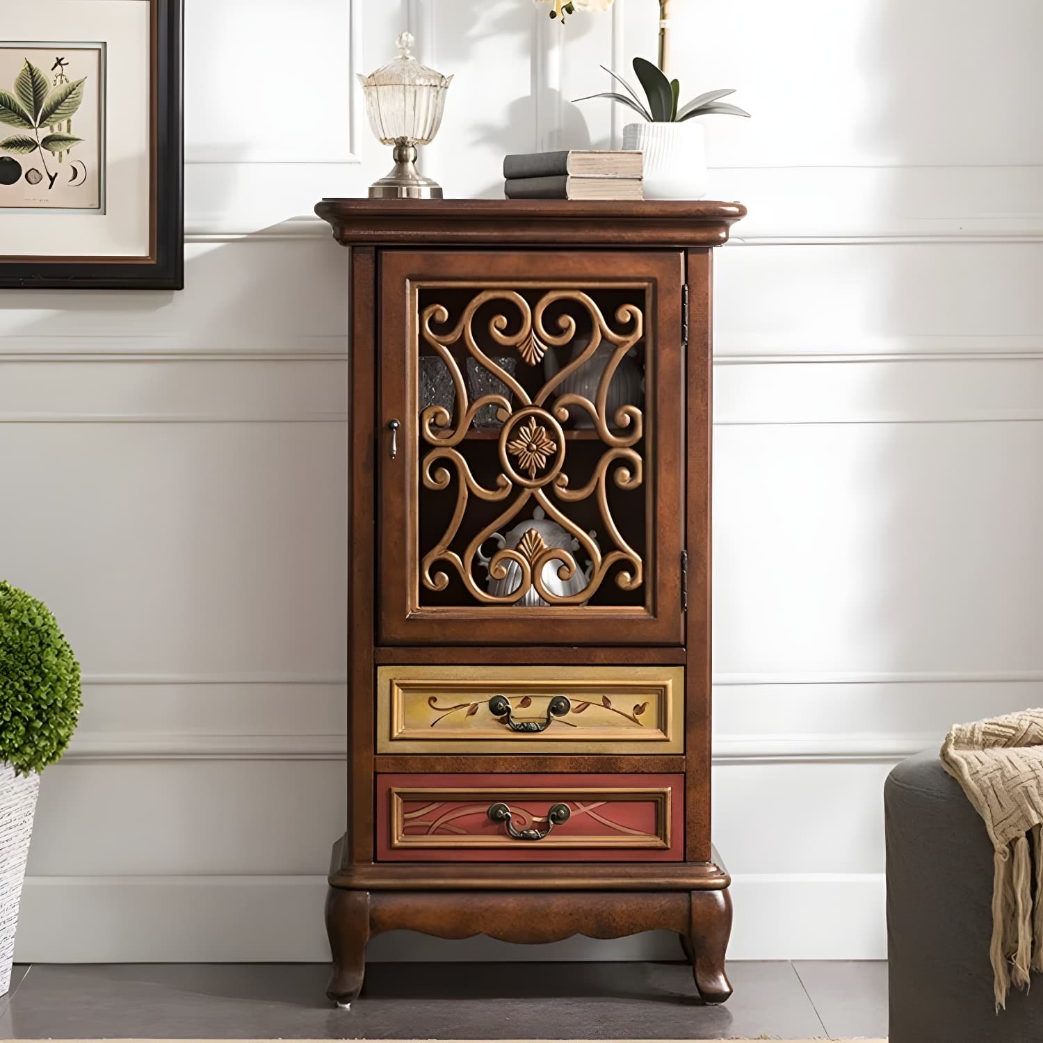 47.24"/61.02" Tall 1- Door Wooden Cabinet, Rectangle Accent Cabinet with Drawers