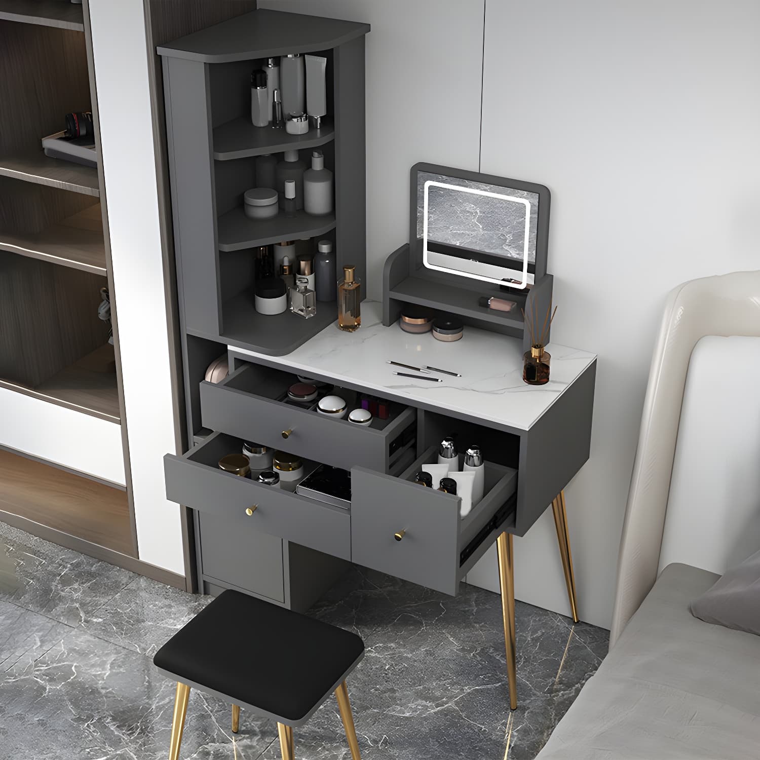 Glam Style Wood-based Material White/grey Dressing Table with Drawers and Storage Shelves - image 13