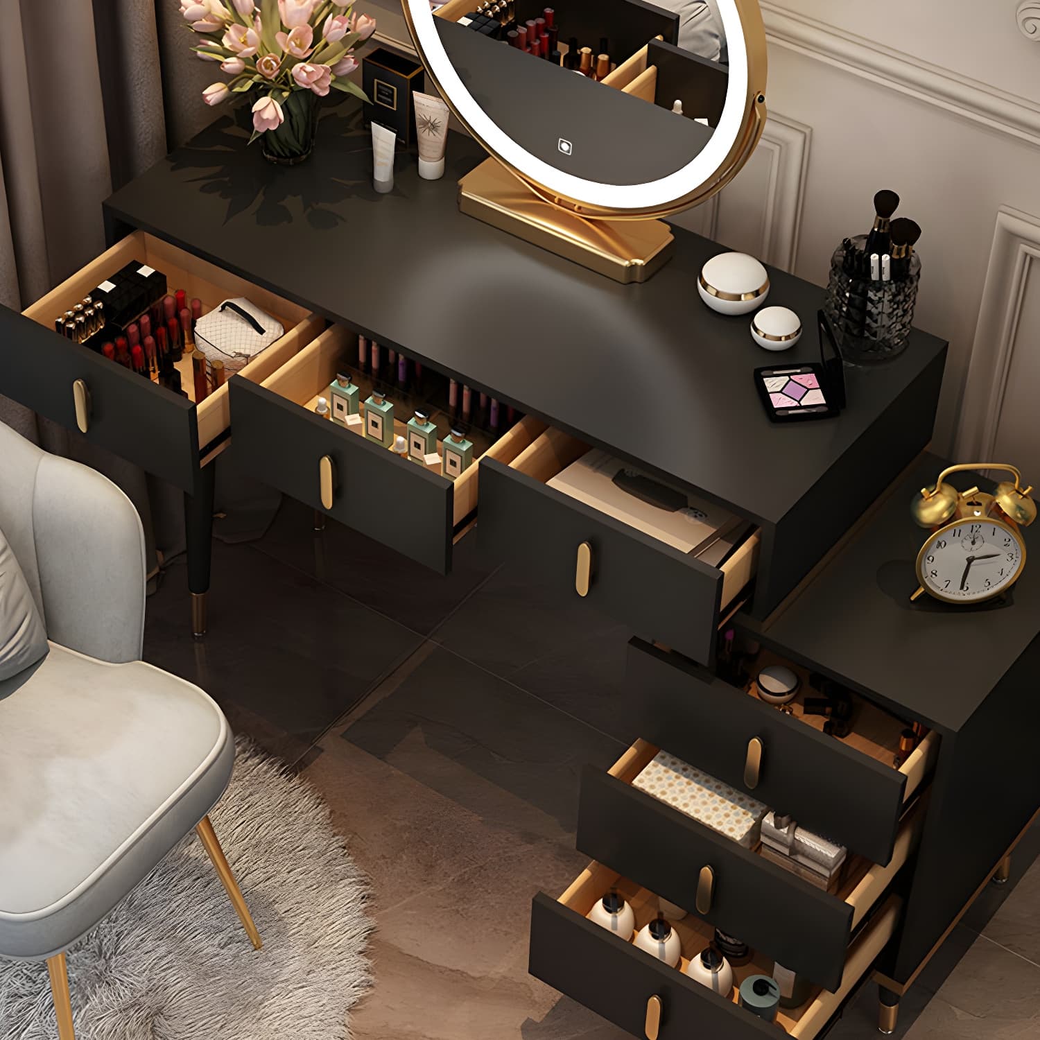 Contemporary Make-up Vanity with Wooden Top and Drawers for Bedroom - image 8