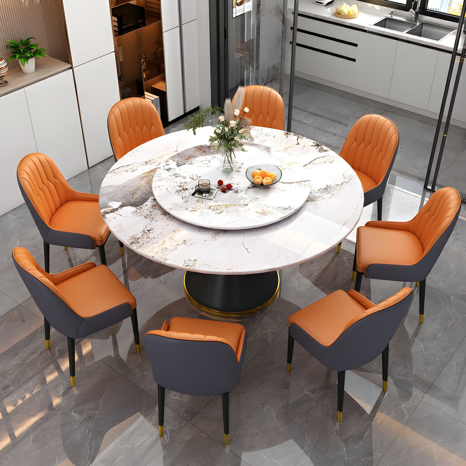 Stone Modern Round Dining Table with Black Steel Pedestal Base and Lazy Susan - image 4