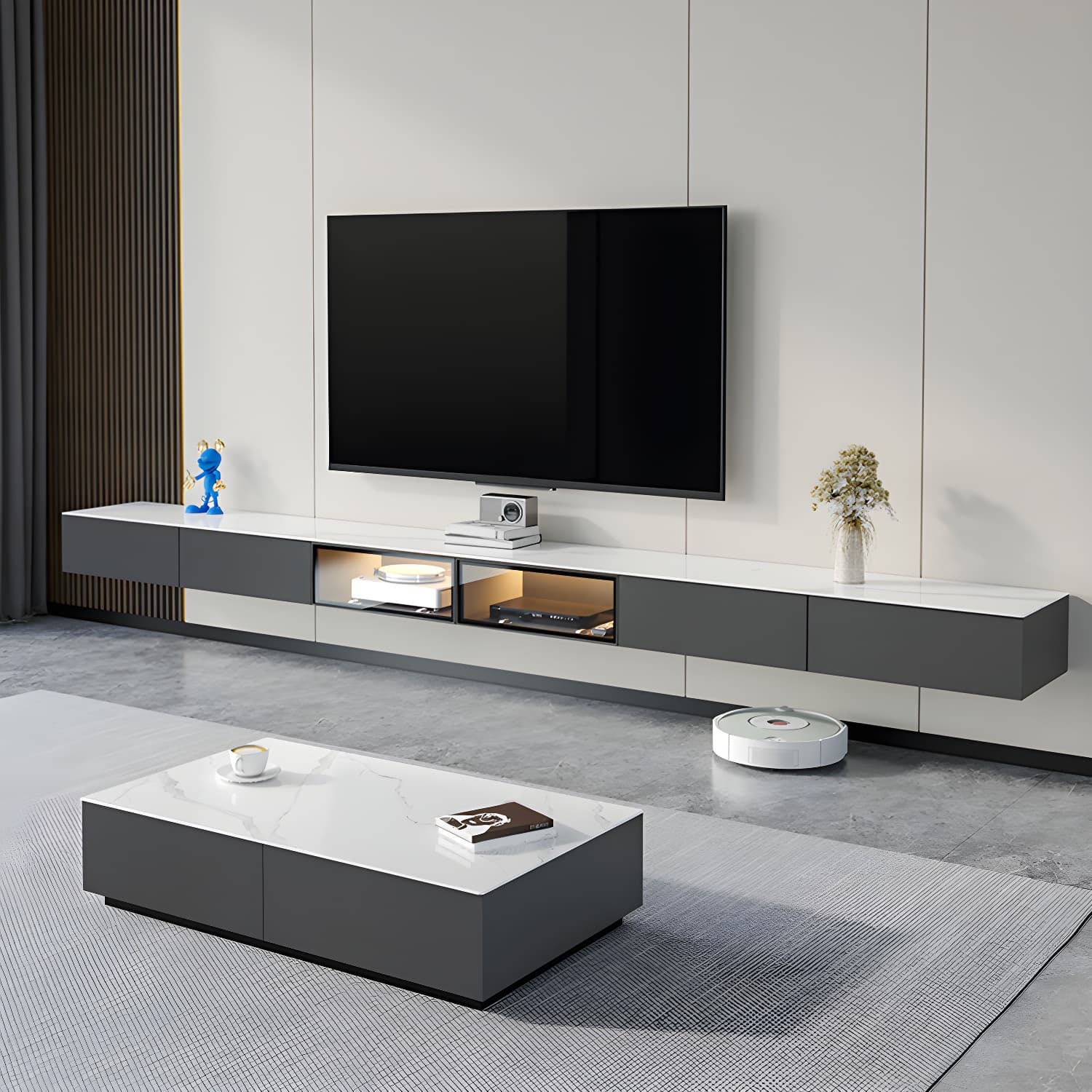 Modern Wall-mounted TV Media Stand Slate Top Wood Frame with Storage - image 4