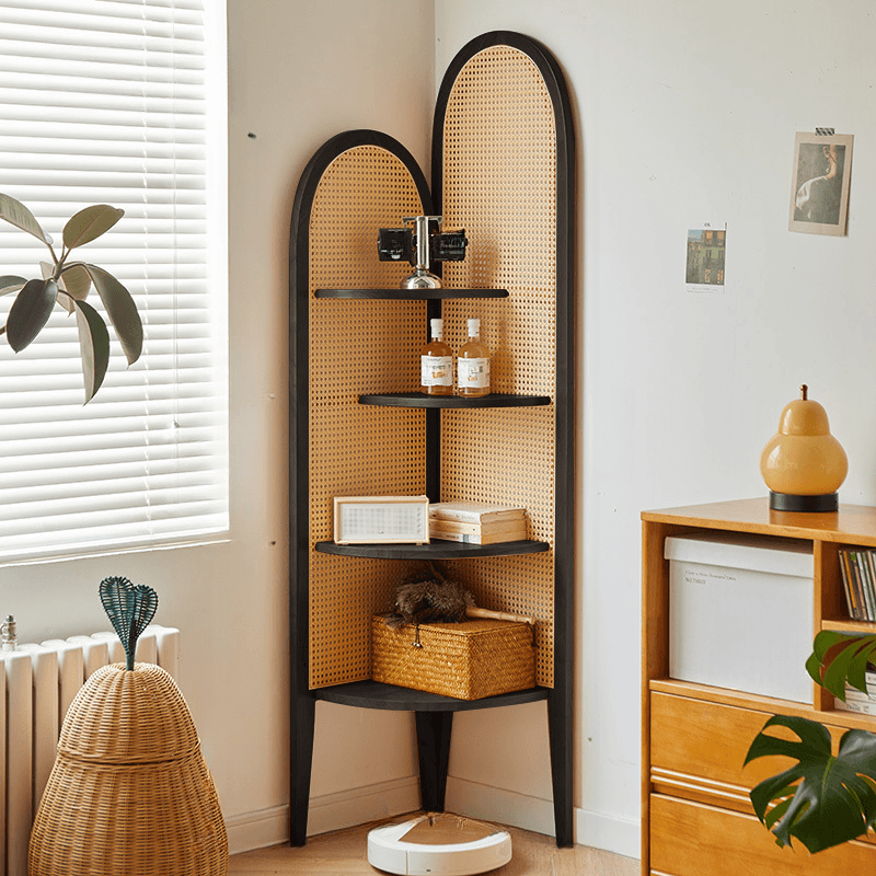 Modern Corner Unattached Accent Chest with 4 Exterior Shelves and Rubberwood Countertop in Black/Brown/Wood Grain
