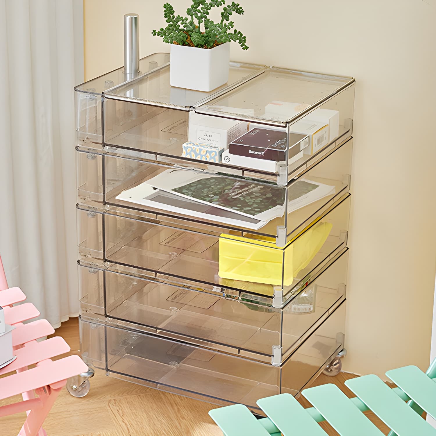 Plastic Nightstand Or End Table 28" Tall Nightstand with Drawers and Wheel - image 15