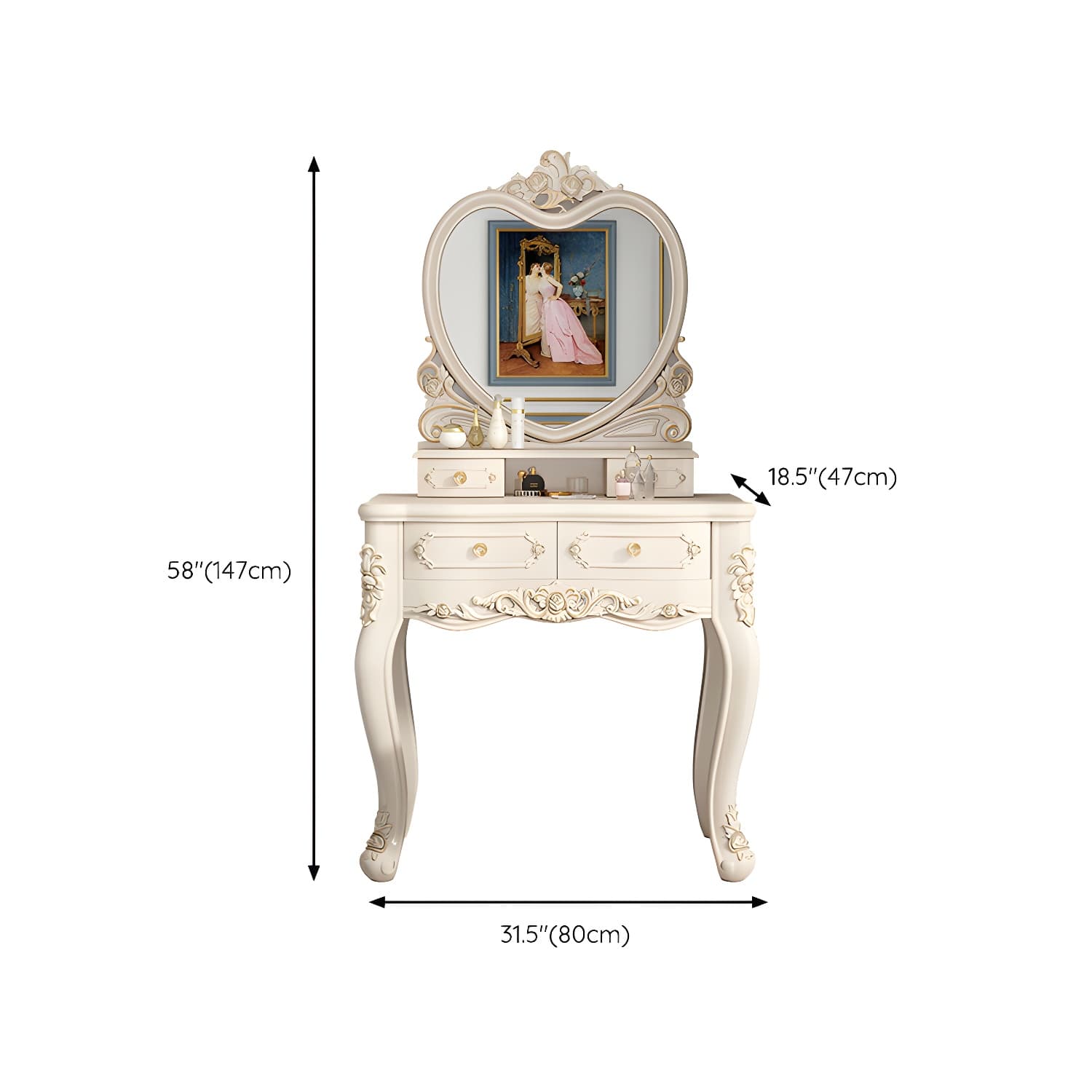 Elegant White Victorian Makeup Vanity Set with Wood Top & Mirror & Drawers & Upholstered Chair - image 15