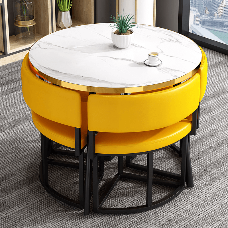 Art Deco Circular-shaped Upholstered Chair Metal & Faux Wood Dining Table Set with Upholstered Back in White, 5 Pieces - image 17