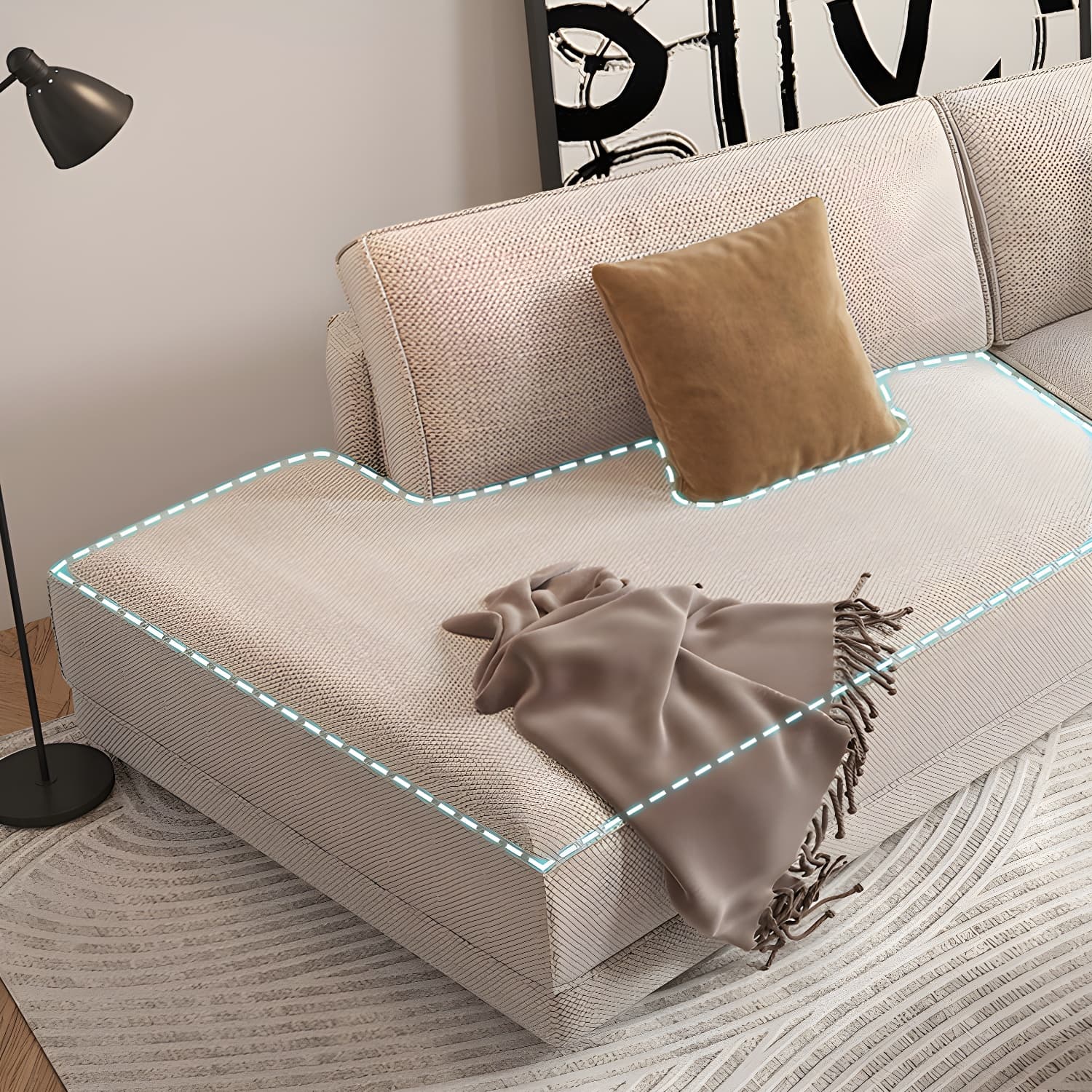 Modern Beige Linen L-Shape Sofa Chaise with Square Arm in Wood Frame - image 3