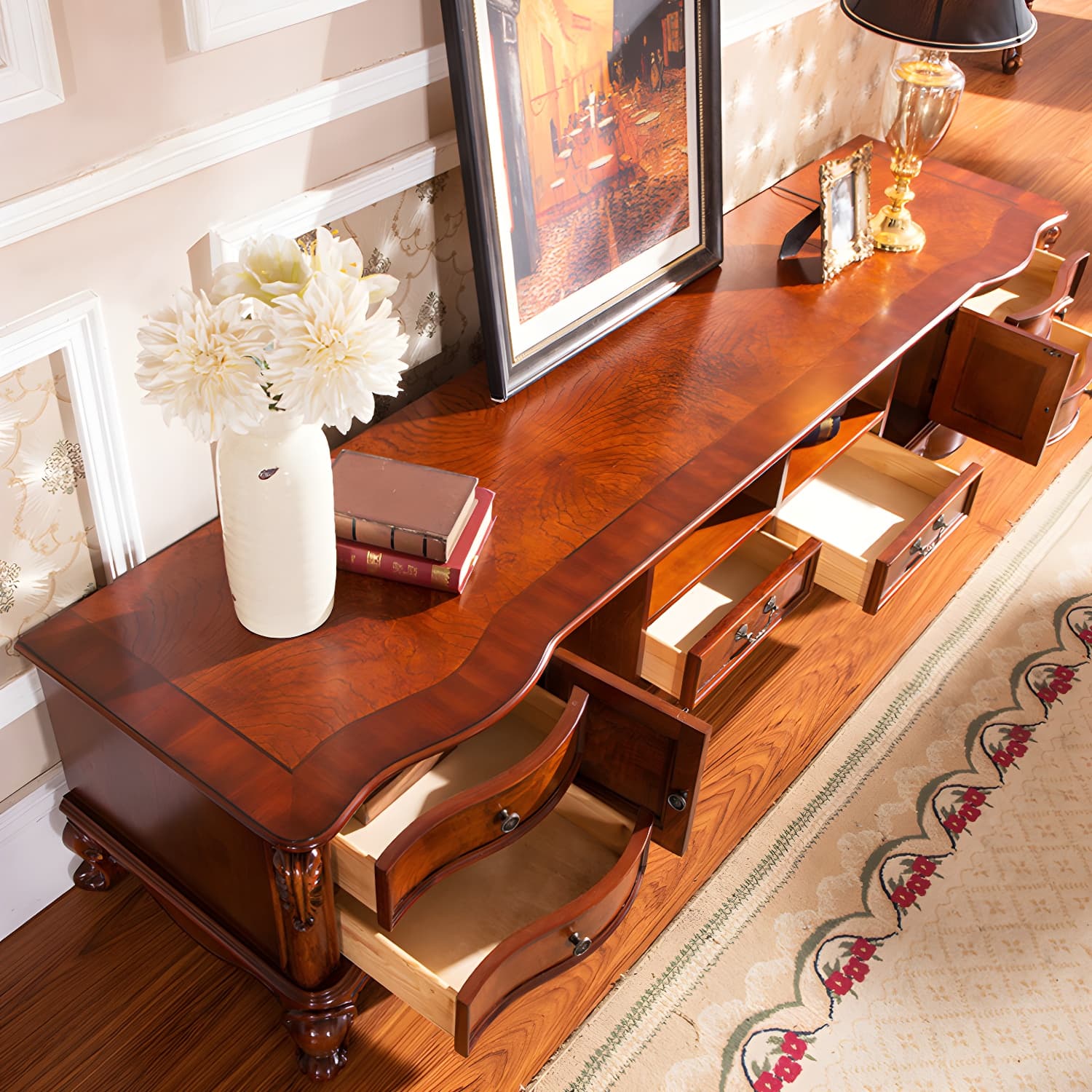 Brown Wooden TV Stand Console Traditional Style Home TV Cabinet with Drawers - image 12
