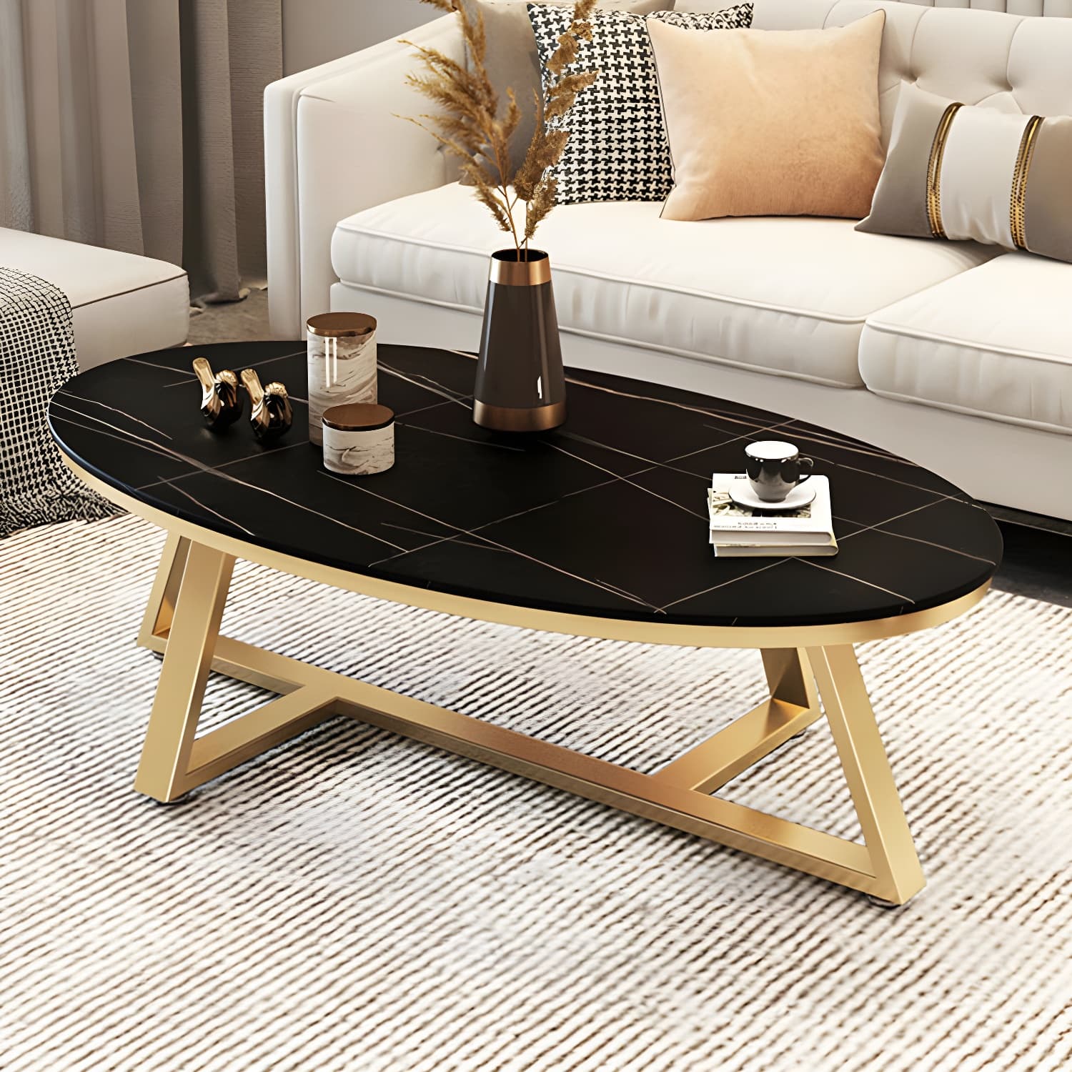 Faux Marble and Stone Coffee Table Cross Legs Cocktail Table - image 3