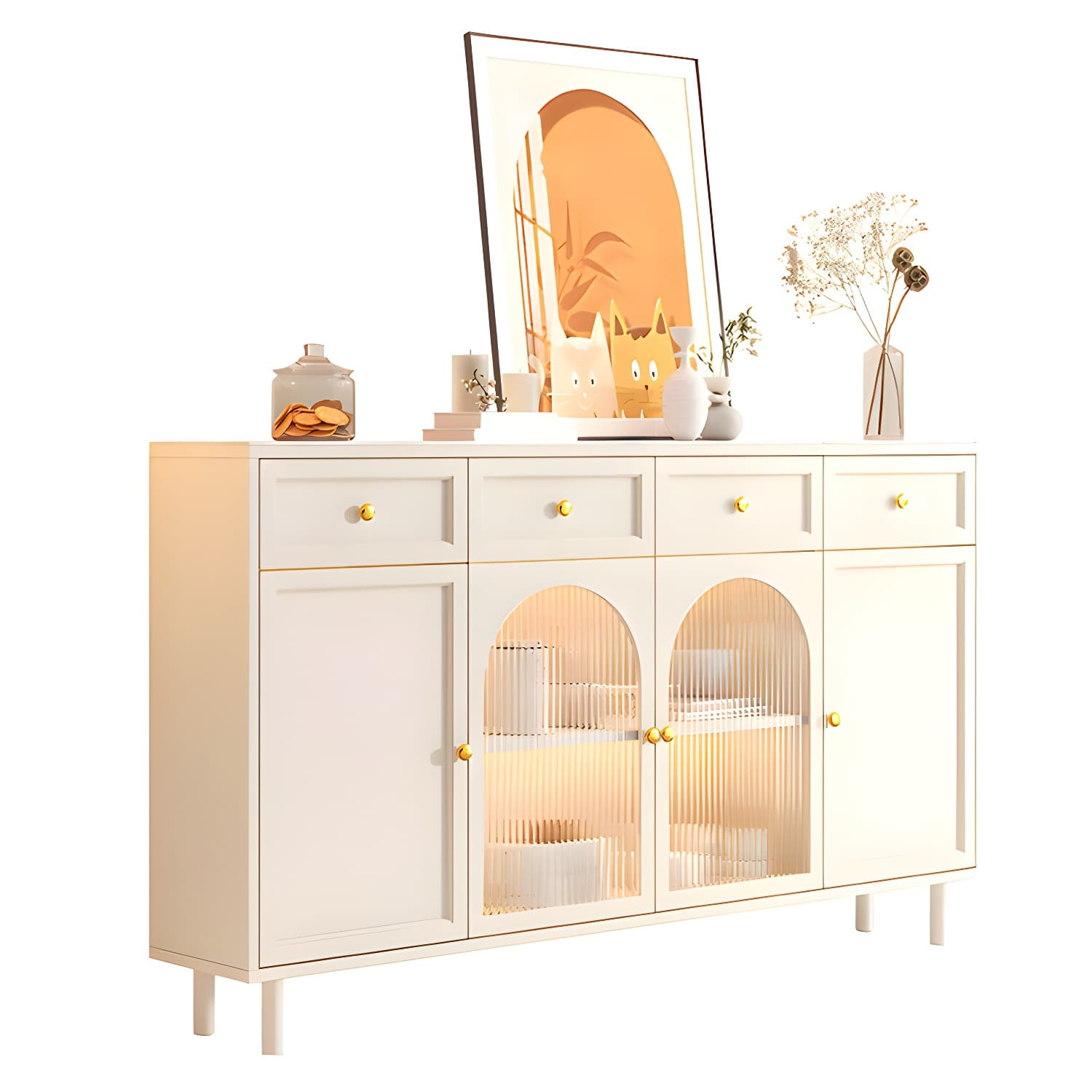 Scandinavian Wood Buffet Sideboard with Stone Countertop and Glass Doors - image 8