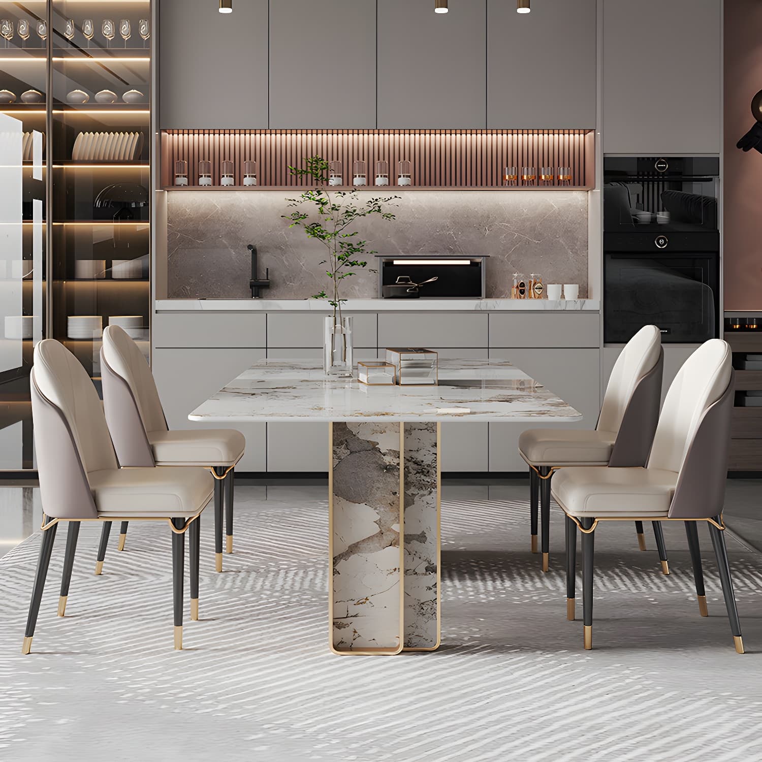1/4/5/9 Pieces Rectangle Glam Furniture Stone Dining Table Set with Double Pedestal Base