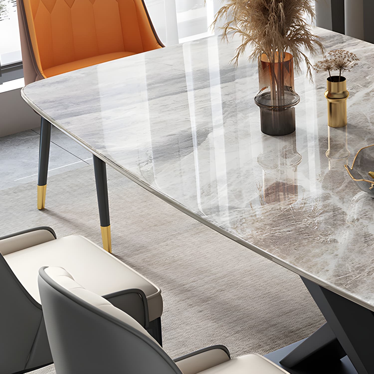 Modern 5/7-Piece Dining Set with Upholstered Chairs in Beige and Slate Table Top - image 6