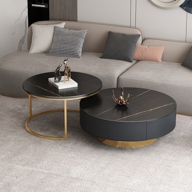 Elegant Gold Metal Drum Coffee Table with Stone Top and Storage Drawers